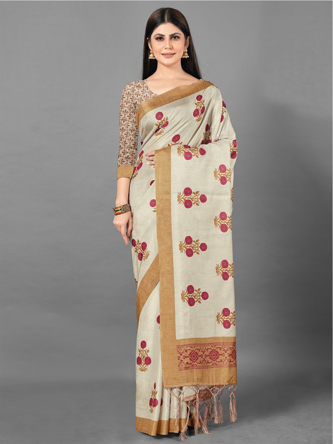 

Anouk Off White & Fuchsia Ethnic Motifs Printed Saree