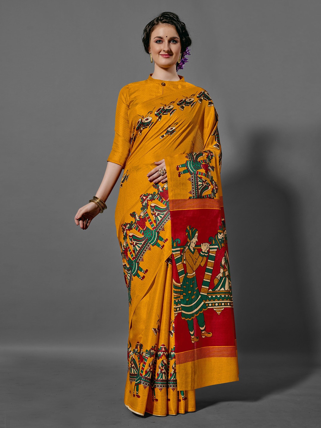 

Anouk Mustard & Red Ethnic Motifs Printed Bhagalpuri Saree