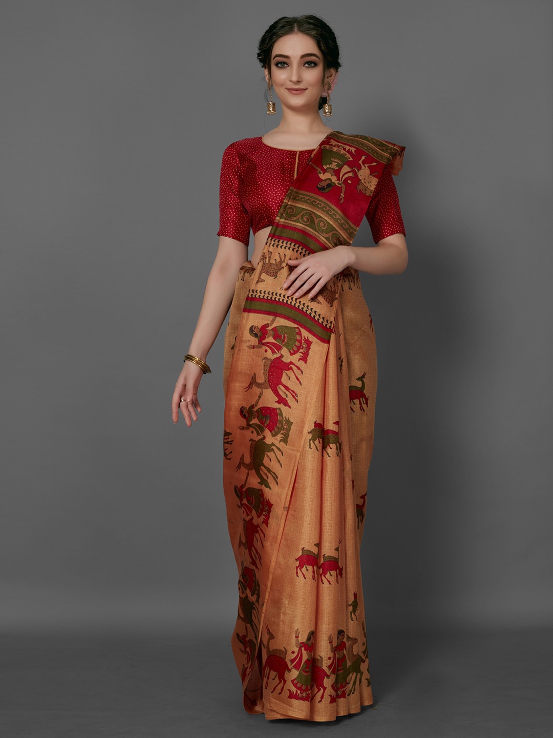 

Anouk Gold-Toned & Red Ethnic Motifs Printed Bhagalpuri Saree