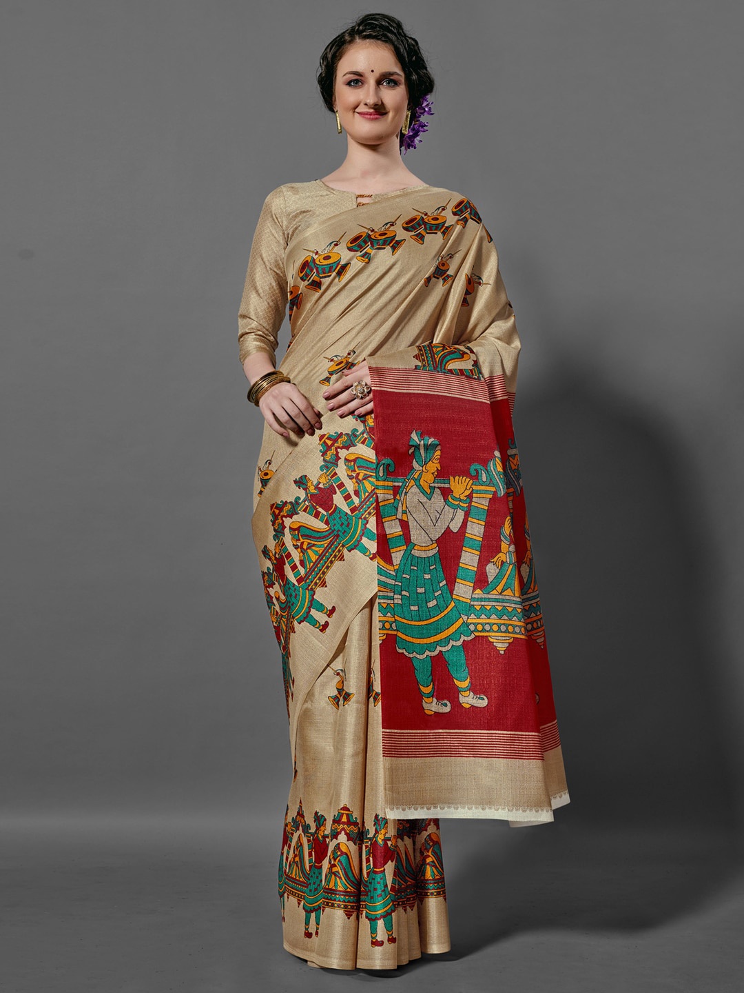 

Anouk Beige & Red Ethnic Motifs Printed Bhagalpuri Saree