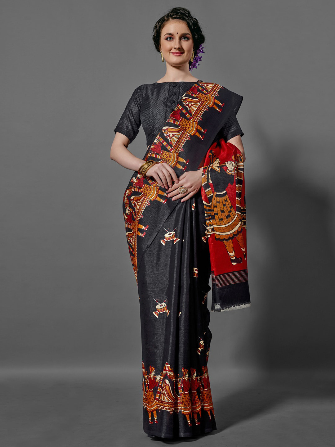 

Anouk Black & Red Ethnic Motifs Printed Saree