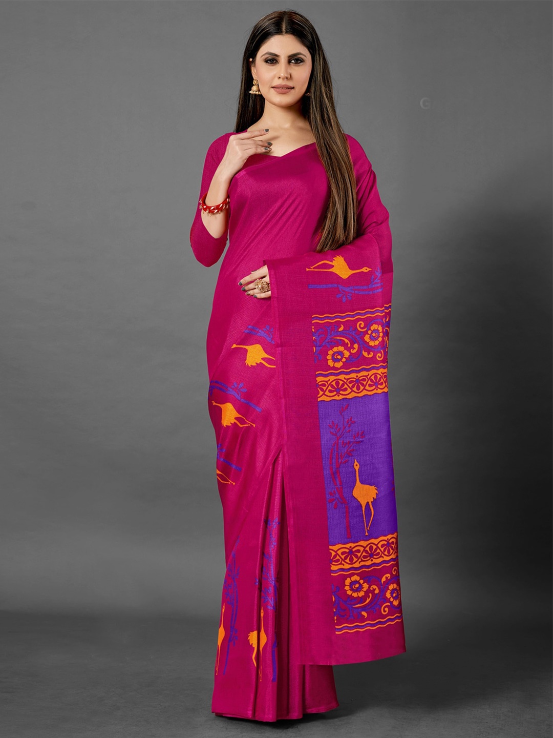 

Anouk Pink & Orange Ethnic Motifs Printed Saree