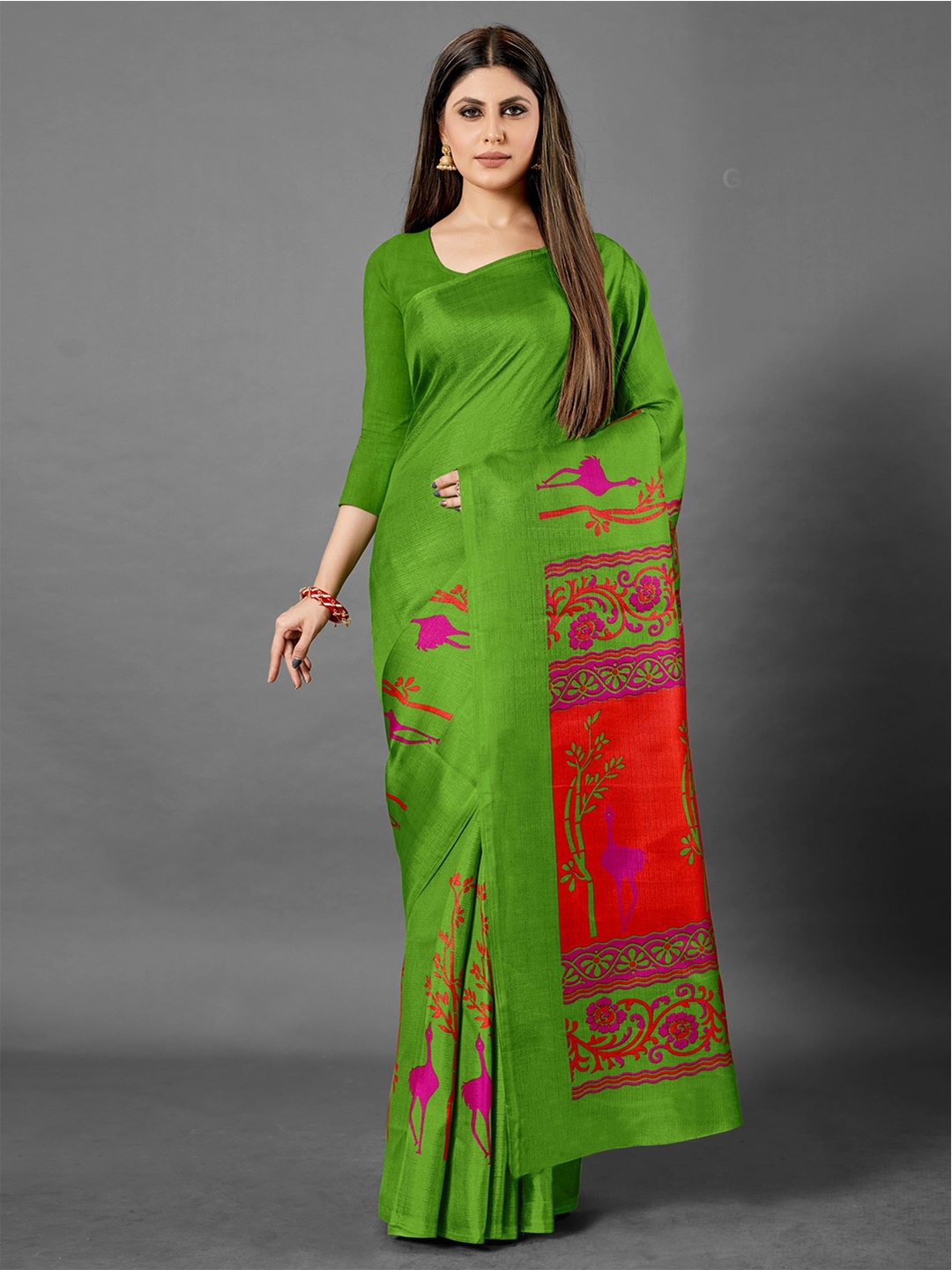 

Anouk Rustic Ethnic Motifs Printed Bhagalpuri Saree, Green