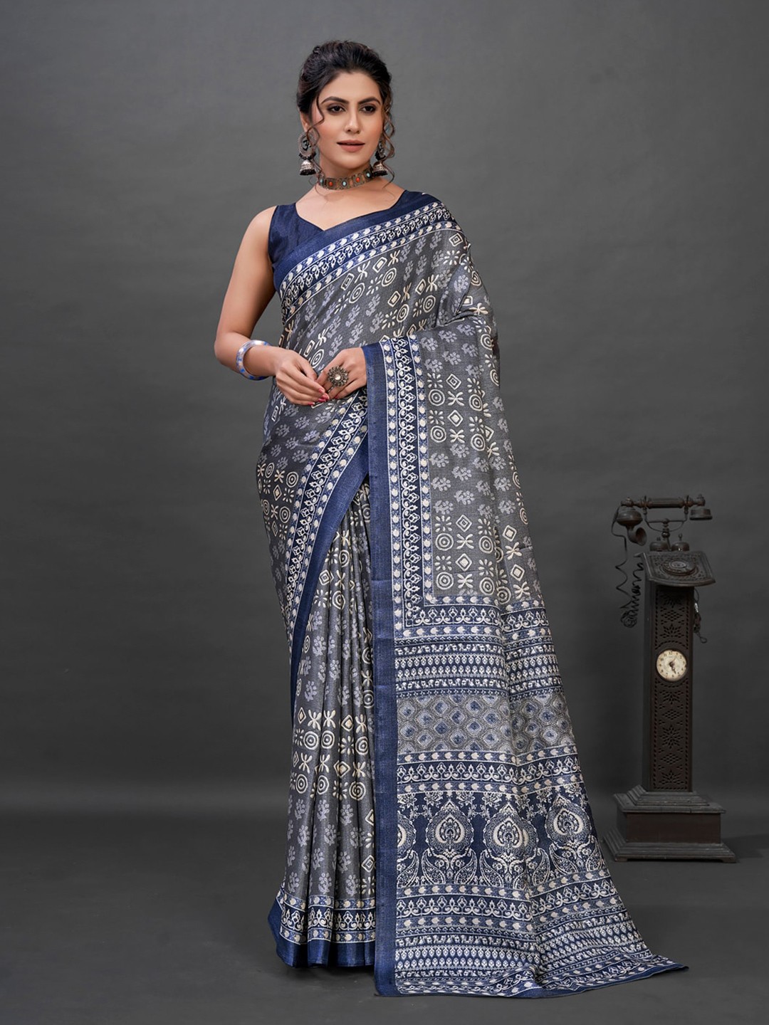 

Anouk Grey & Blue Ethnic Motifs Printed Bagru Saree
