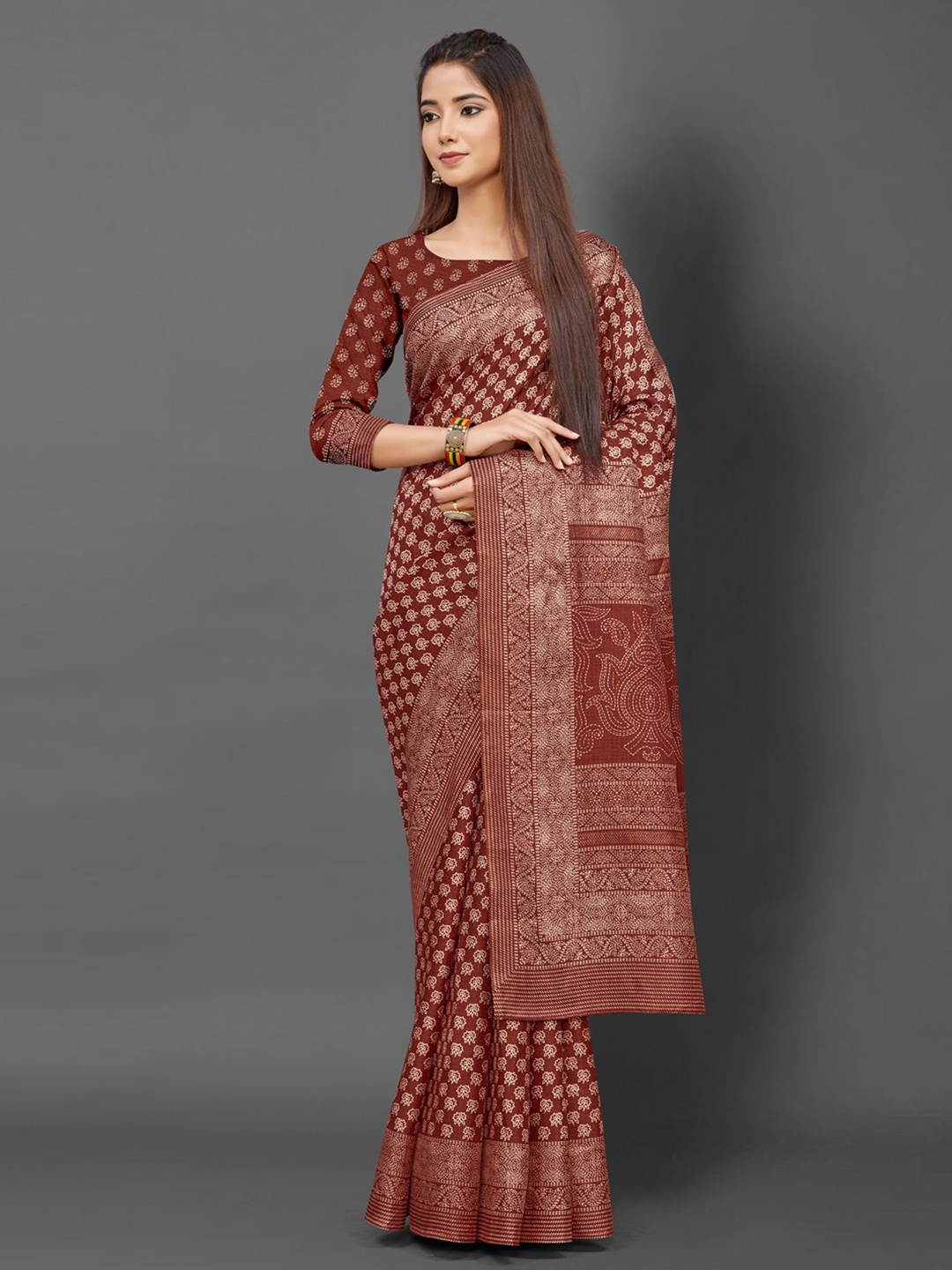 

Anouk Brown & Cream-Coloured Ethnic Motifs Printed Bhagalpuri Saree