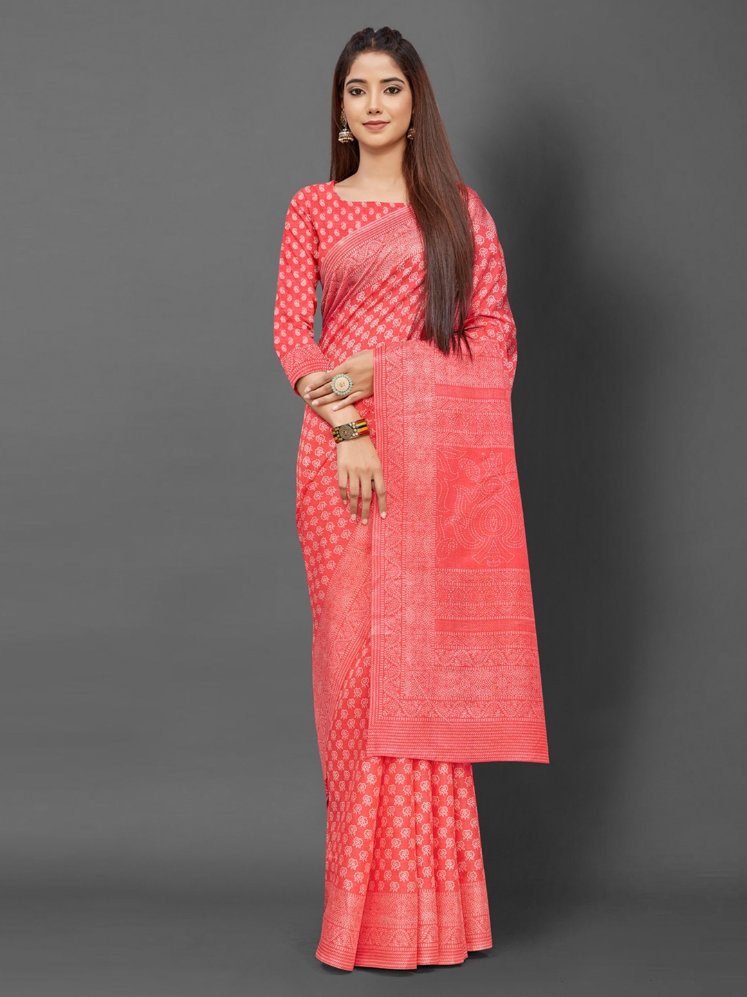 

Anouk Ethnic Motifs Printed Silk Blend Bagru Saree, Pink