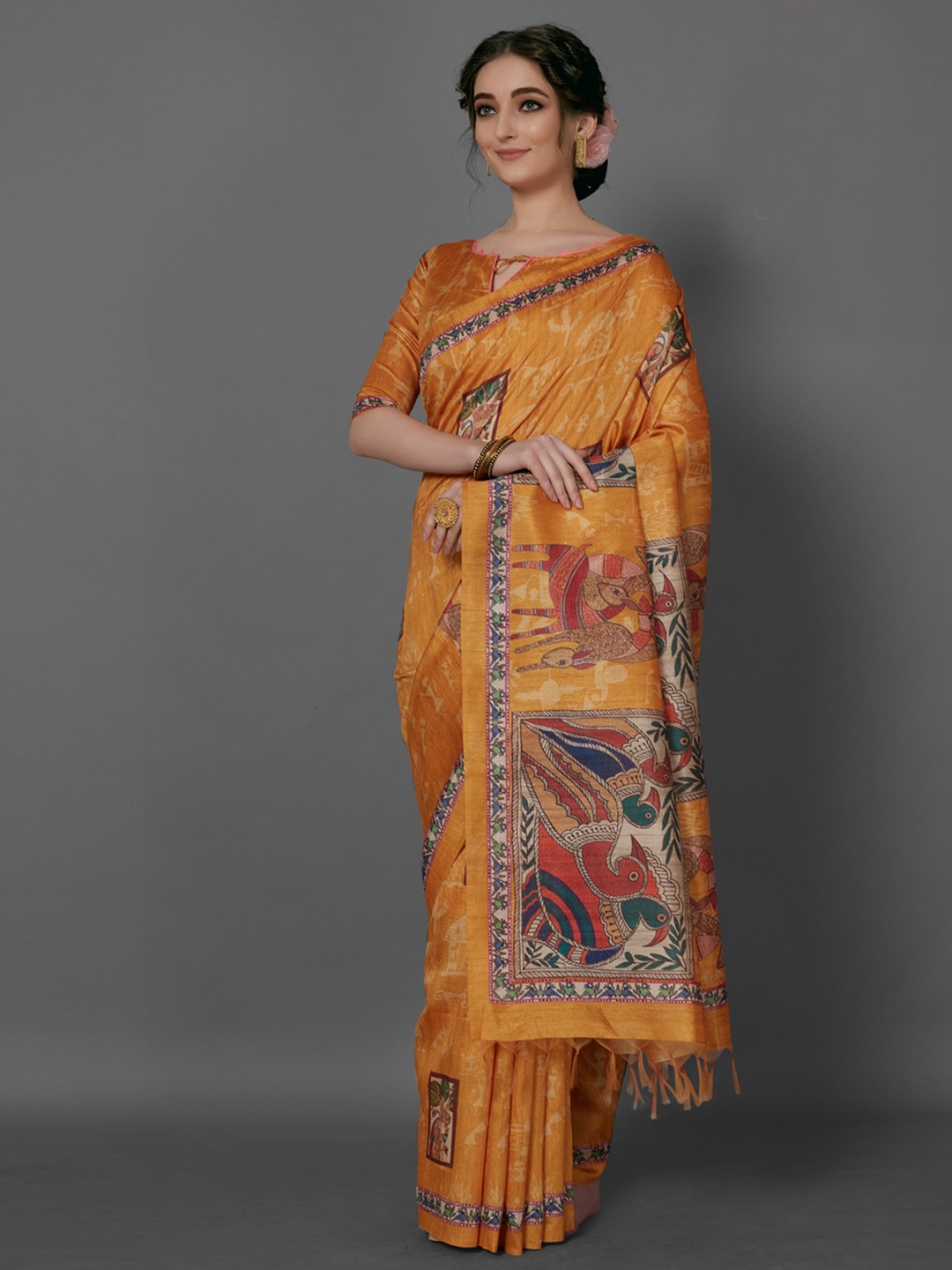 

Anouk Mustard Yellow & Blue Ethnic Motifs Printed Silk Blend Baluchari Saree