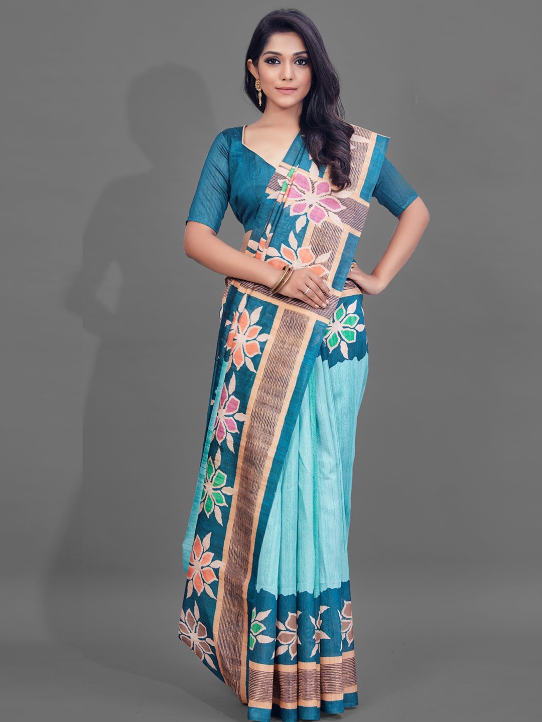 

Anouk Blue & Brown Ethnic Motifs Printed Silk Blend Baluchari Saree