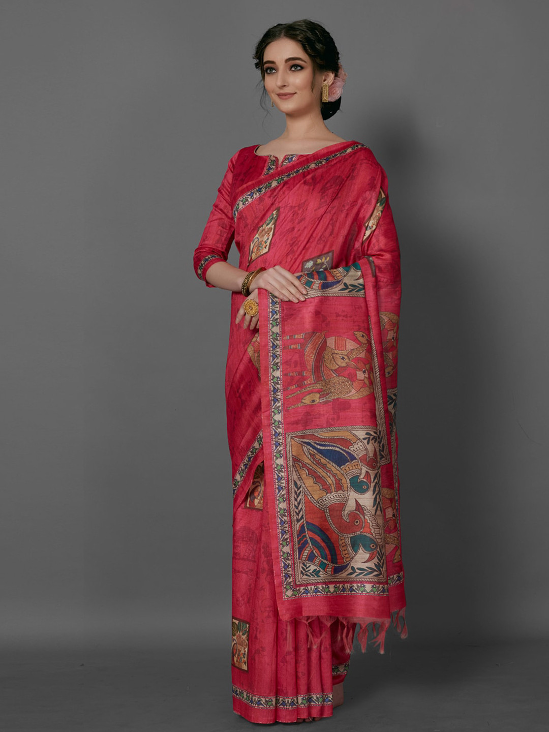 

Anouk Pink & Blue Ethnic Motifs Printed Baluchari Saree