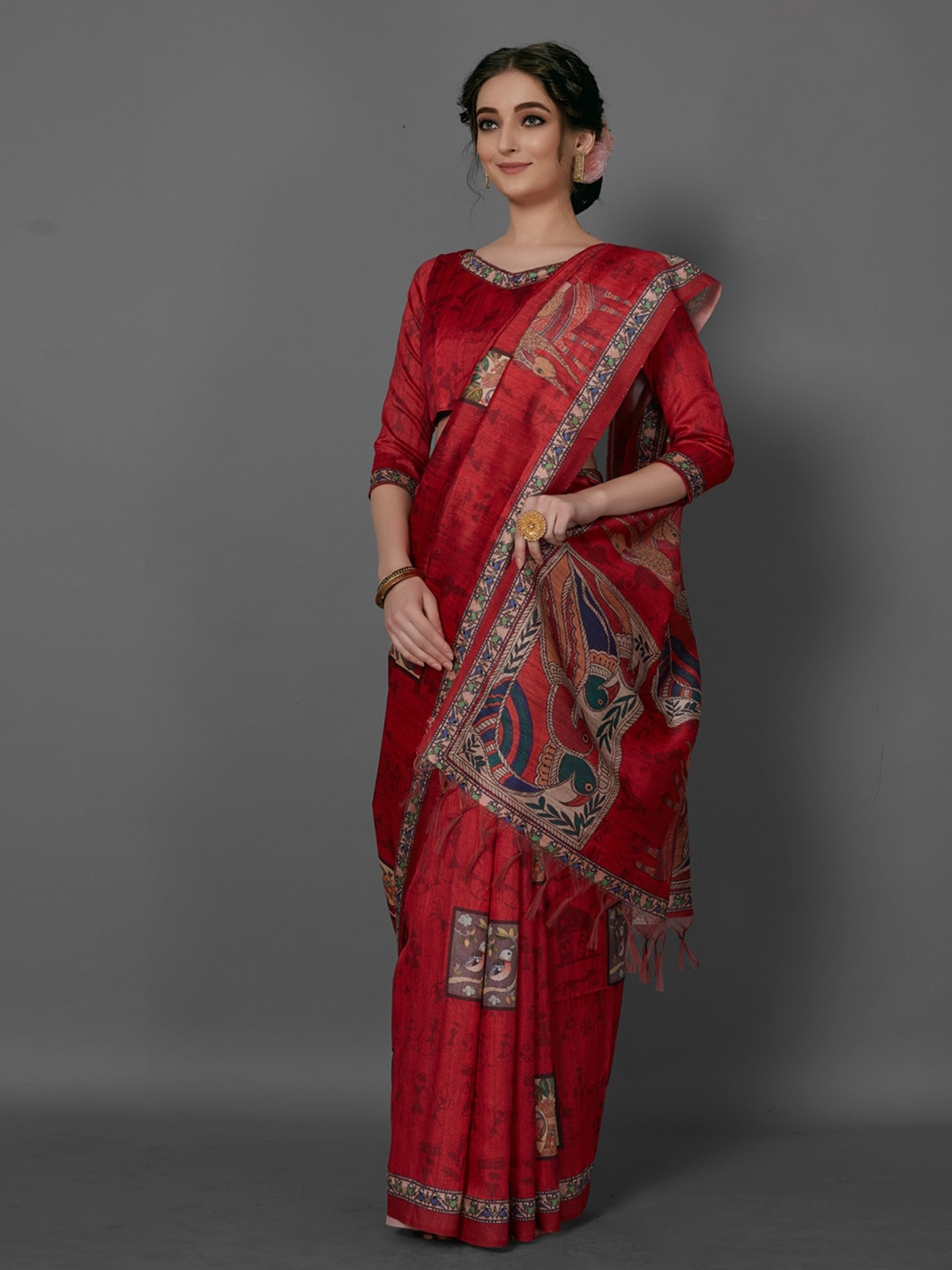 

Anouk Red & Blue Kalamkari Printed Baluchari Saree