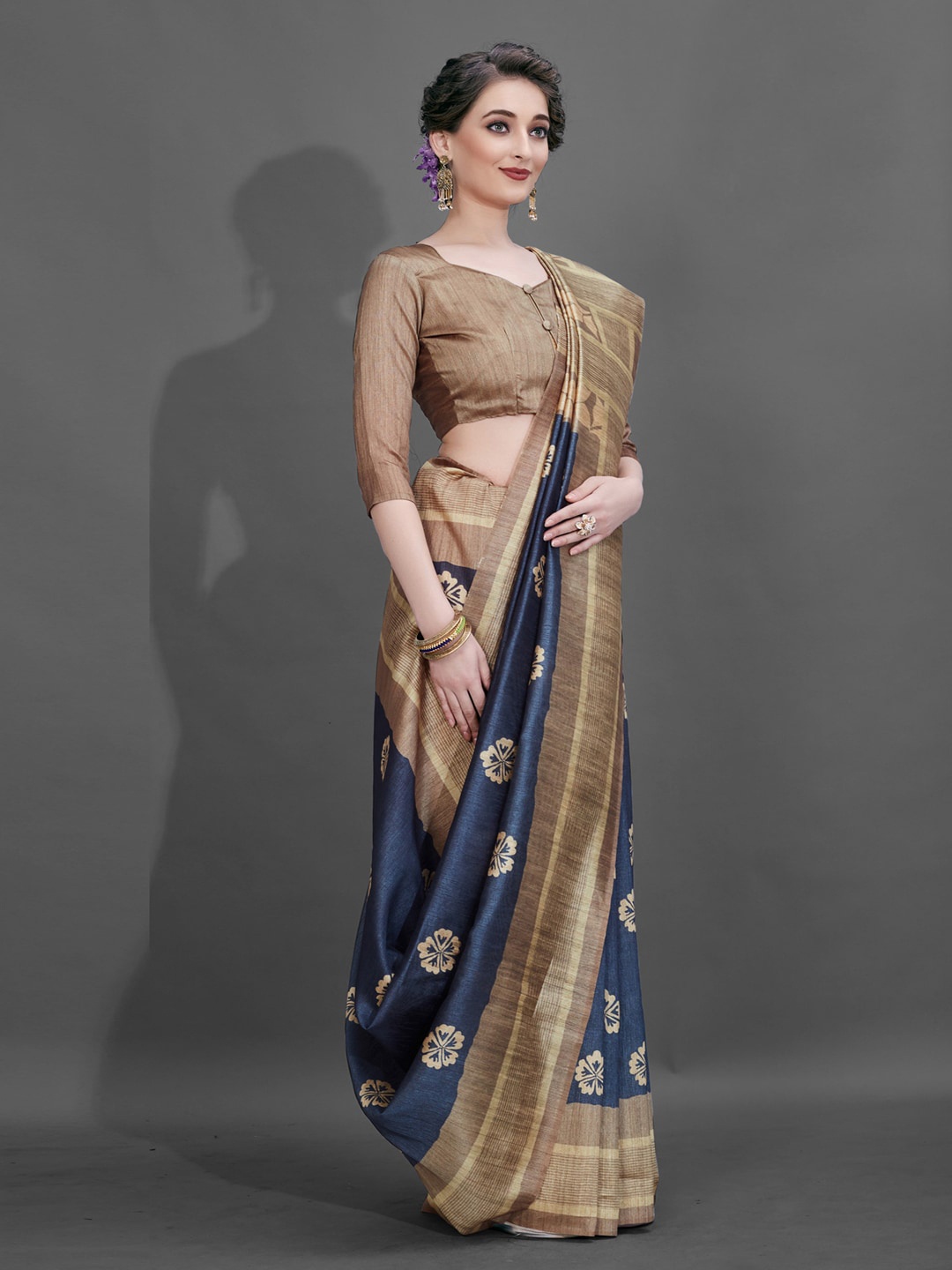 

Anouk Navy blue and Beige Ethnic Motifs Printed Bagh Saree