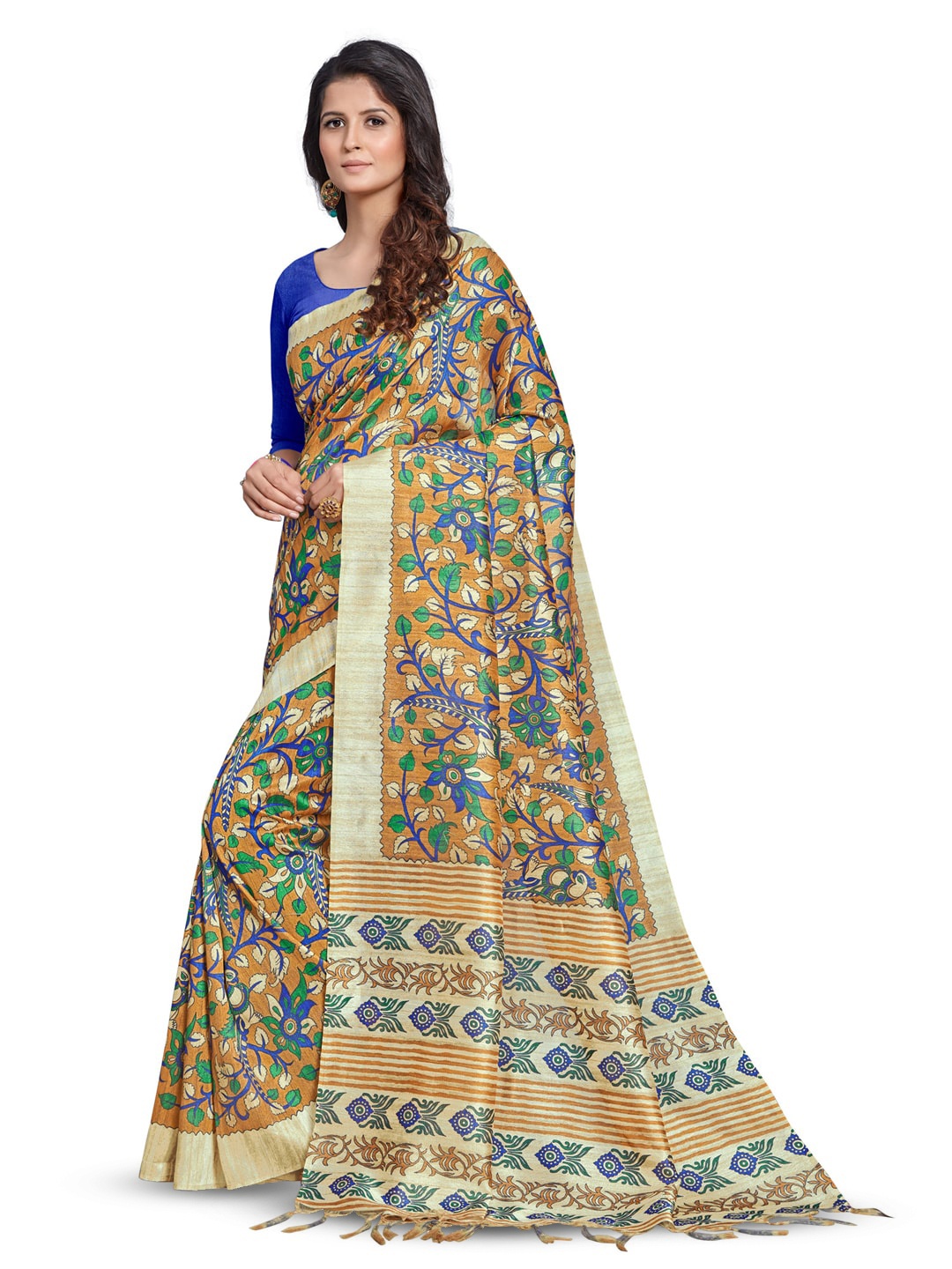 

Anouk Mustard & Blue Ethnic Motifs Block Print Saree