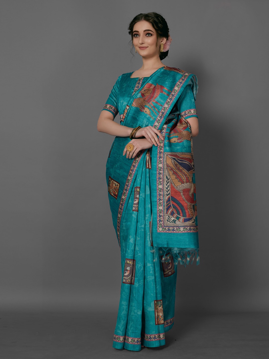 

Anouk Sea Green & Beige Ethnic Motifs Printed Baluchari Saree