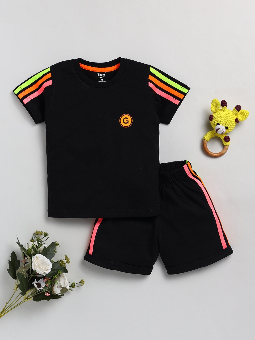 

Toonyport Boys Striped Pure Cotton T-shirt with Shorts, Black