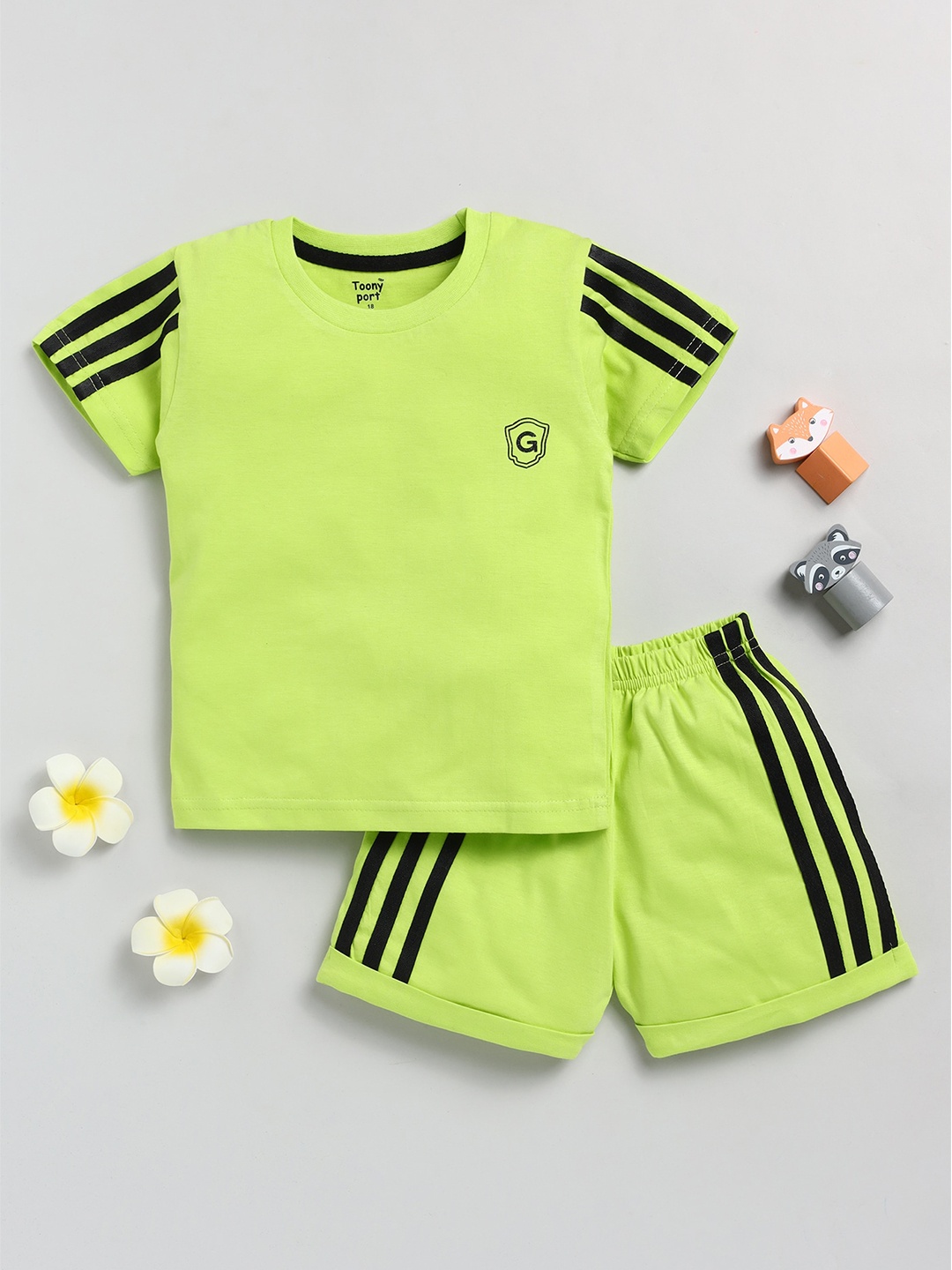 

Toonyport Boys Striped Pure Cotton T-shirt with Shorts, Green