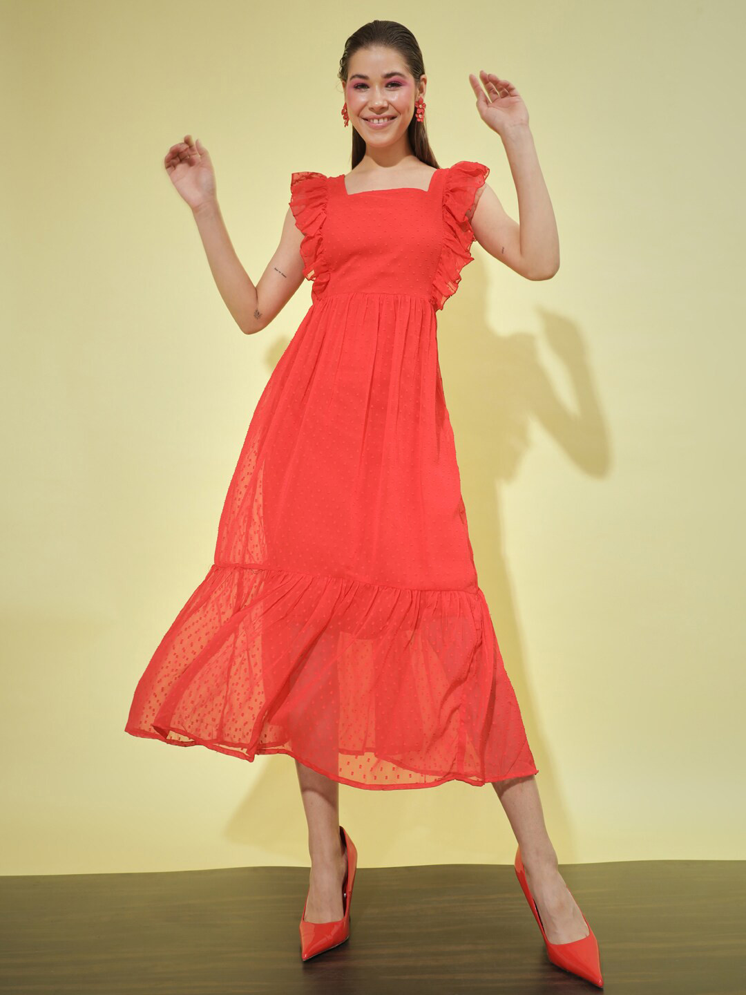 

AUCREATIONS Self Design Square Neck Ruffled Fit & Flare Midi Dress, Red