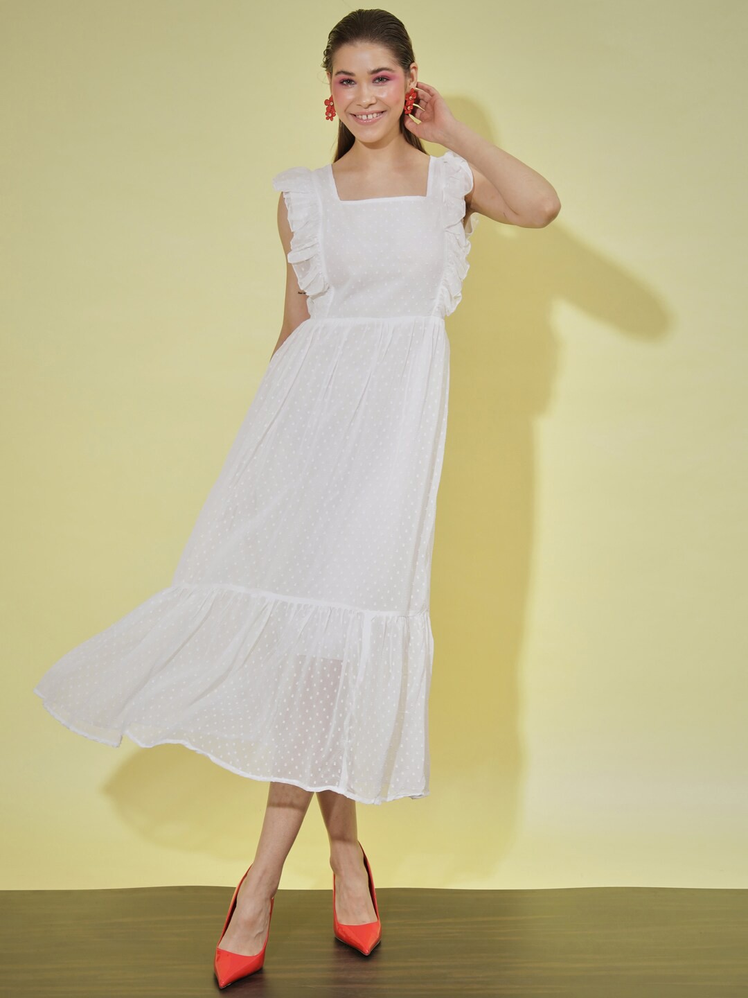 

AUCREATIONS Self Design Square Neck Ruffled Fit & Flare Midi Dress, White