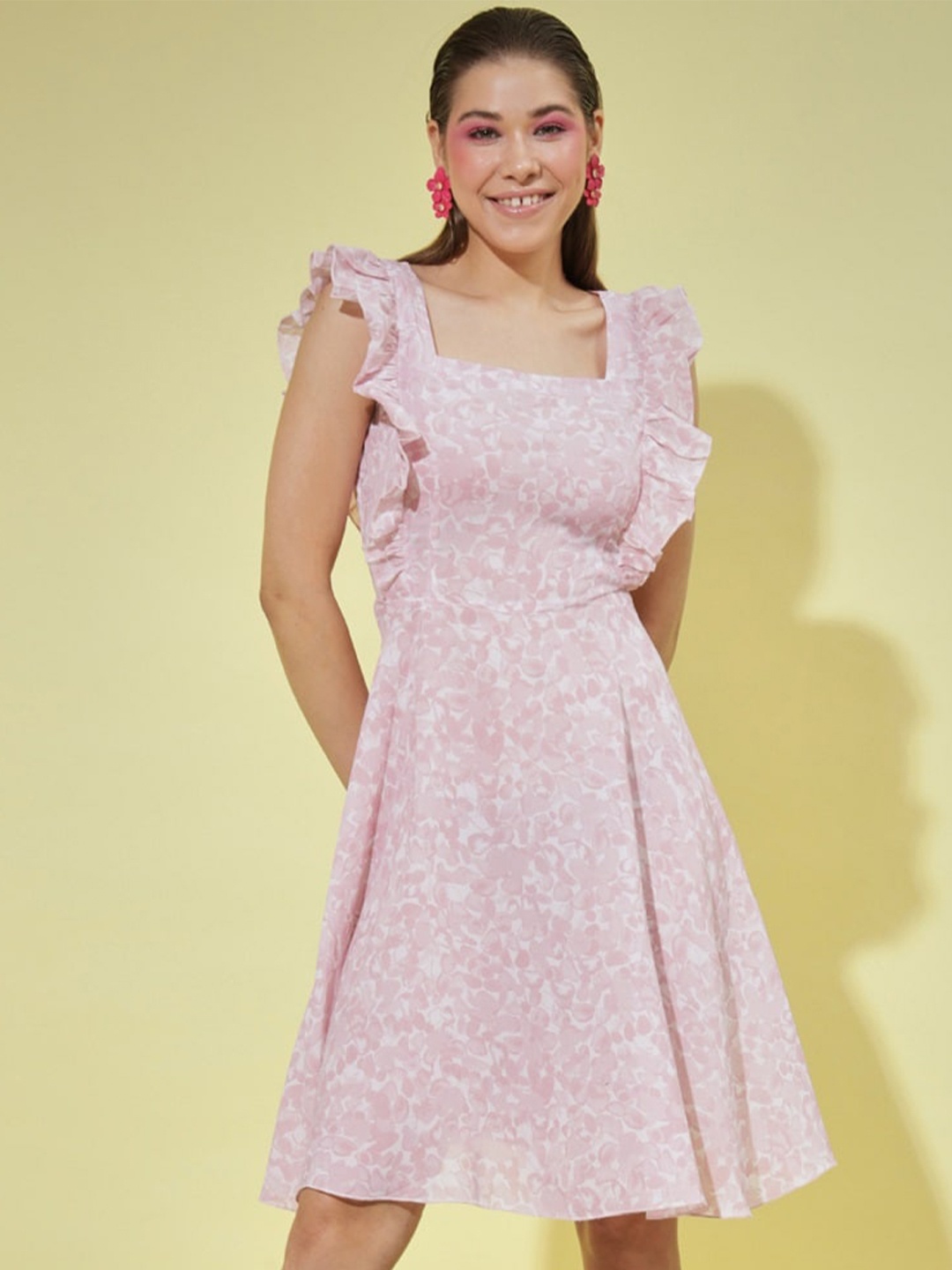 

AUCREATIONS Floral Printed Flutter Sleeve Georgette Fit & Flare Dress, Pink