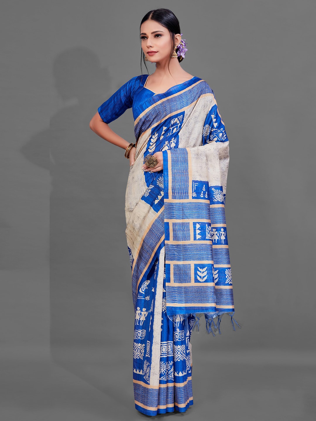 

Anouk Ethnic Motifs Printed Silk Blend Baluchari Saree, Cream