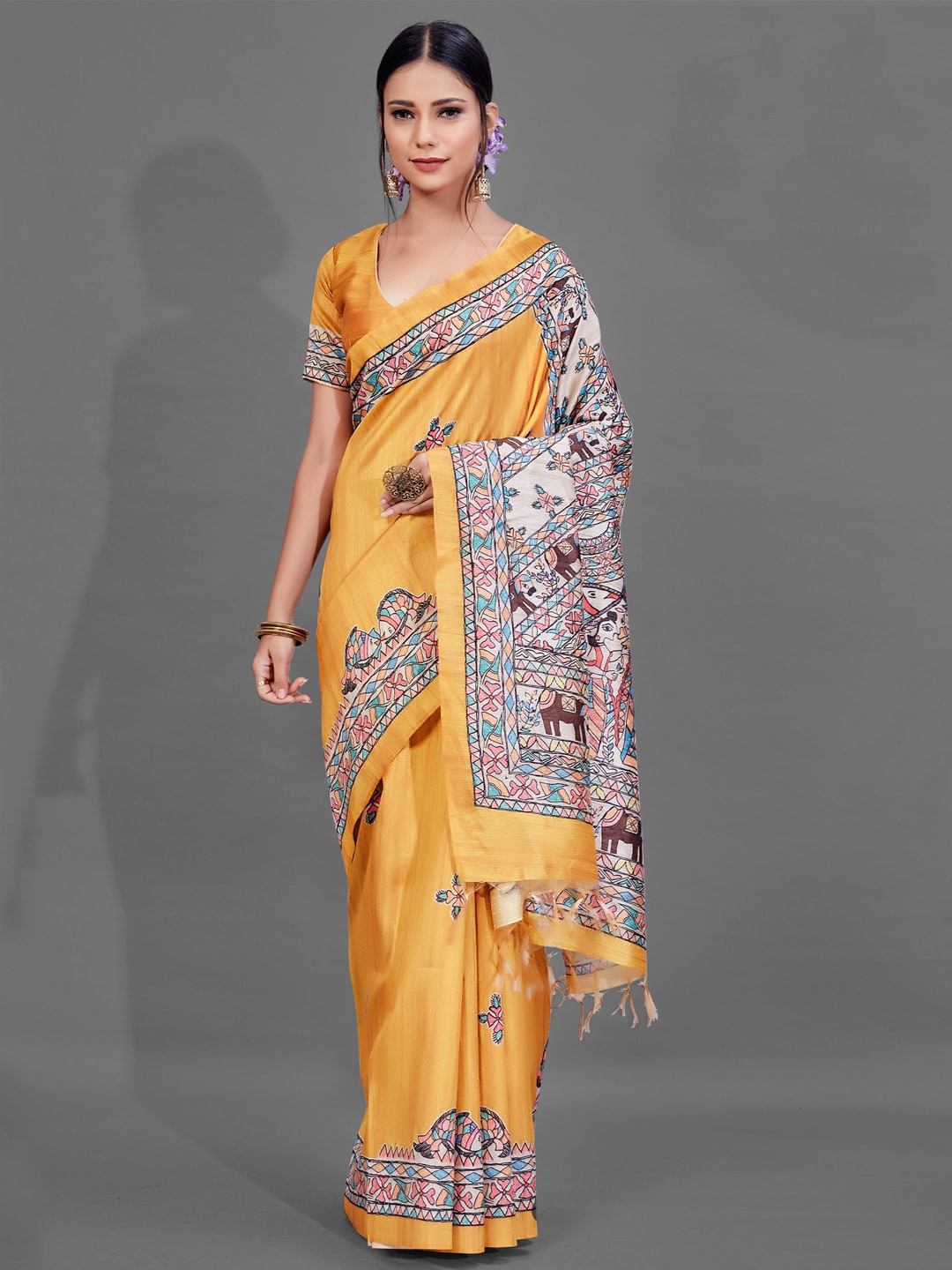

Anouk Ethnic Motifs Printed Silk Blend Baluchari Saree, Yellow