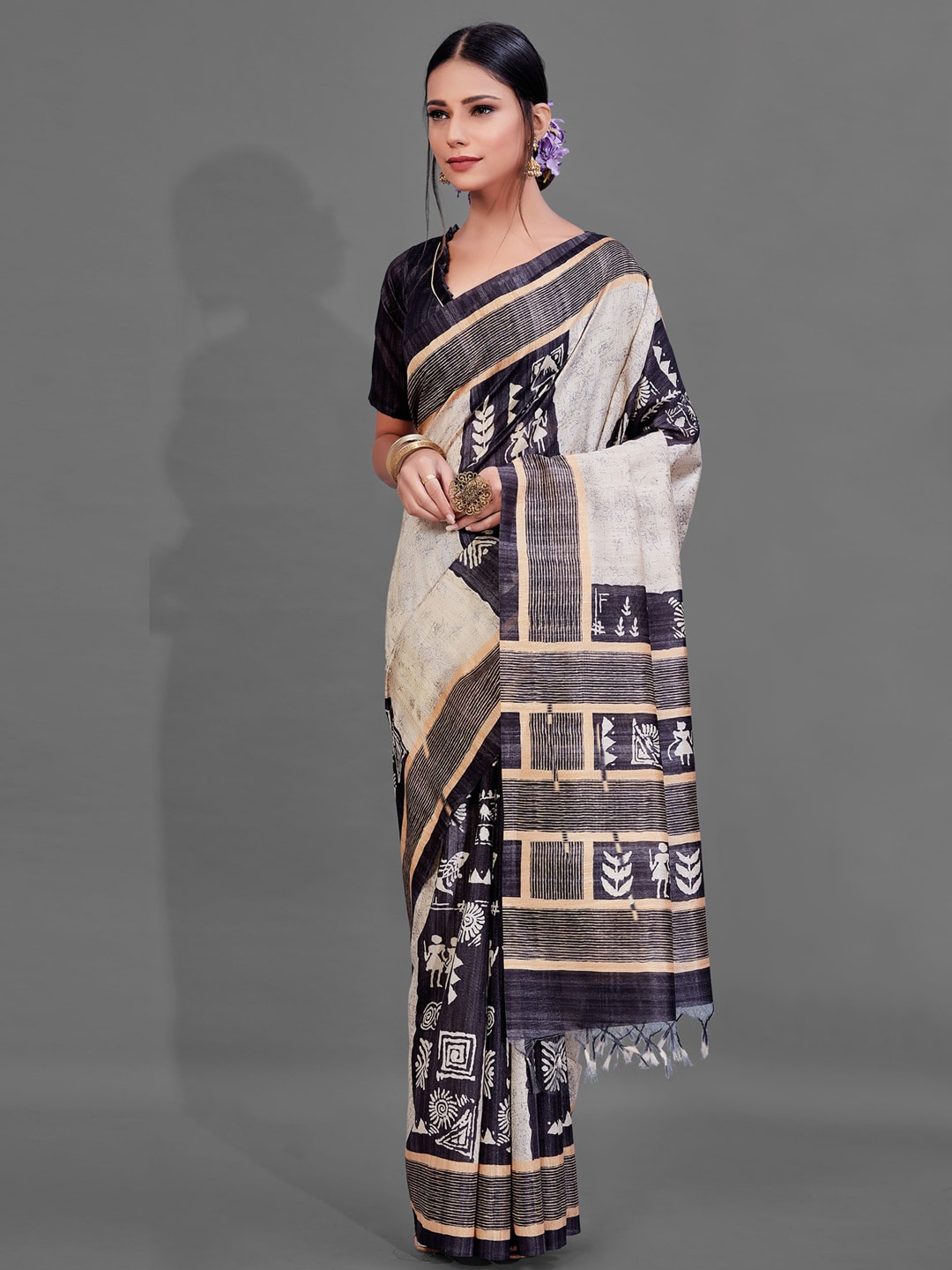 

Anouk Ethnic Motifs Printed Silk Blend Baluchari Saree, Cream