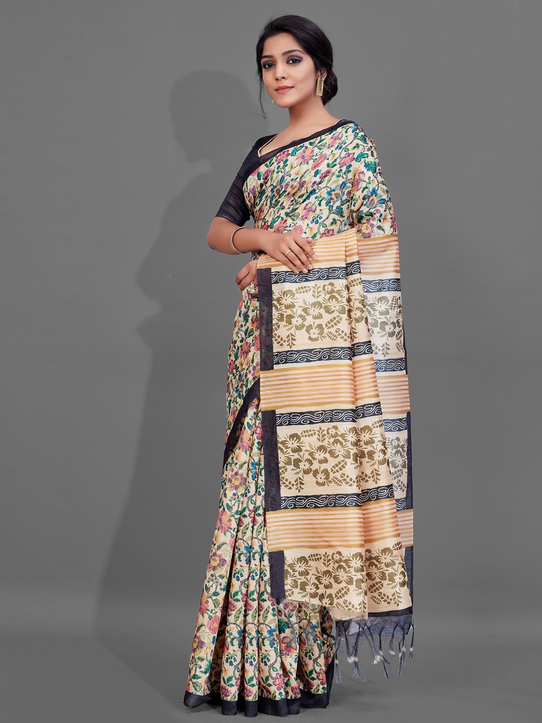 

Anouk Floral Printed Silk Blend Baluchari Saree, Cream
