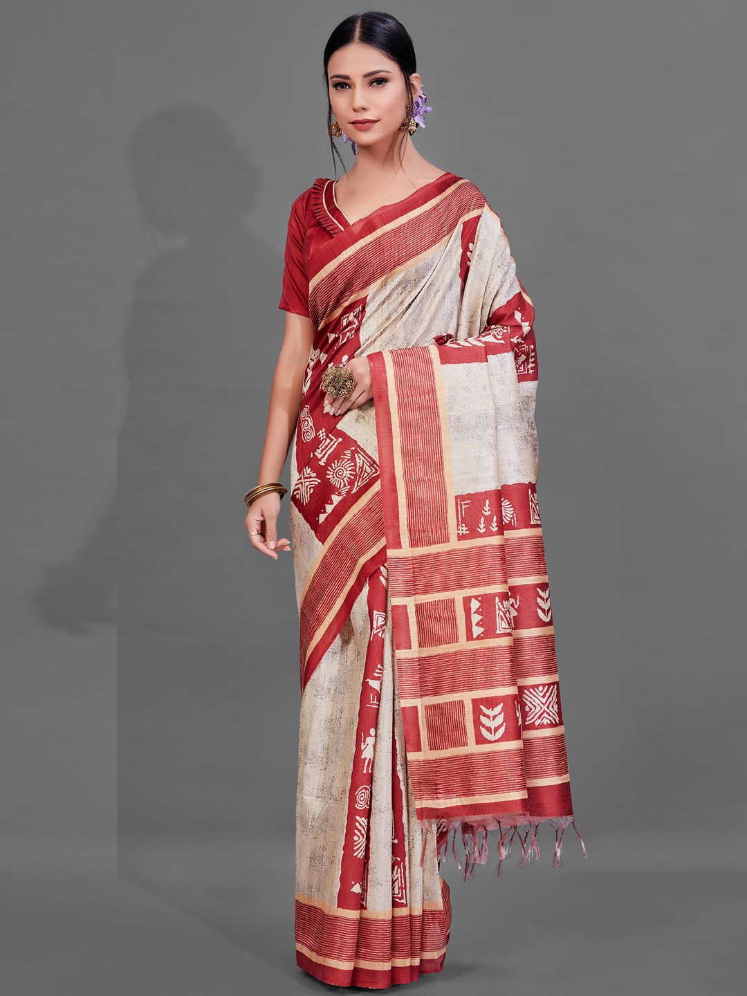 

Anouk Ethnic Motifs Printed Silk Blend Baluchari Saree, Cream
