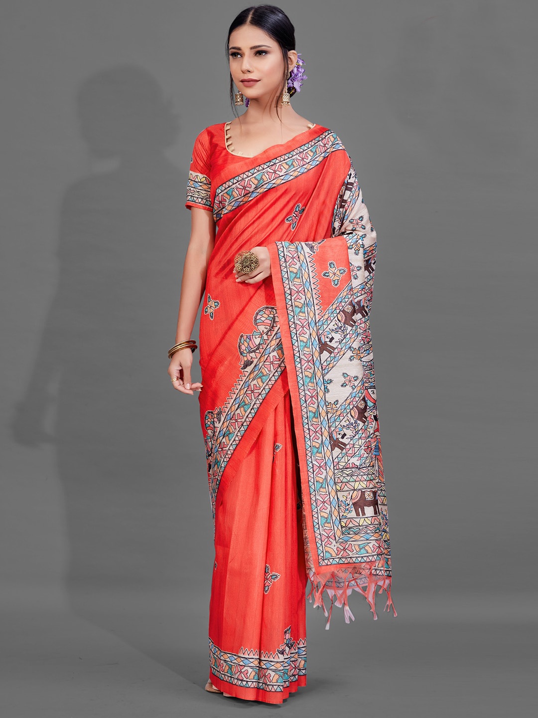 

Anouk Red & Cream-Coloured Ethnic Motifs Printed Baluchari Saree