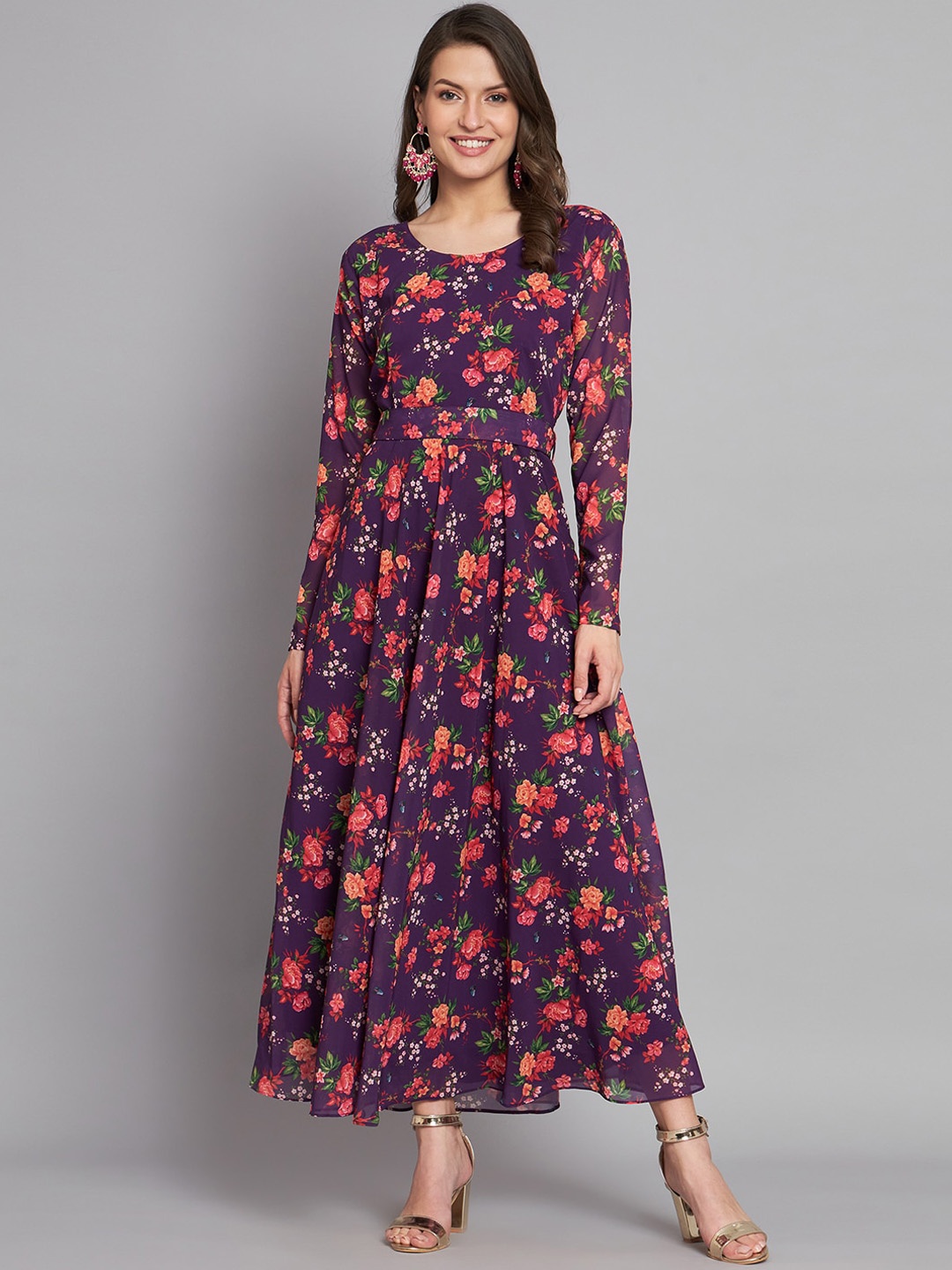 

BLACK SCISSOR Floral Printed Georgette Maxi Gown Ethnic Dress With Belt, Purple