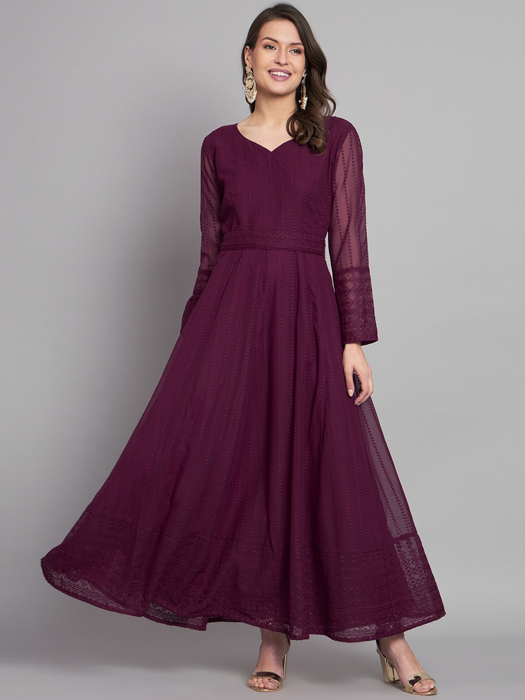 

BLACK SCISSOR Ethnic Motifs Embroidered Belted Georgette Maxi Gown, Purple
