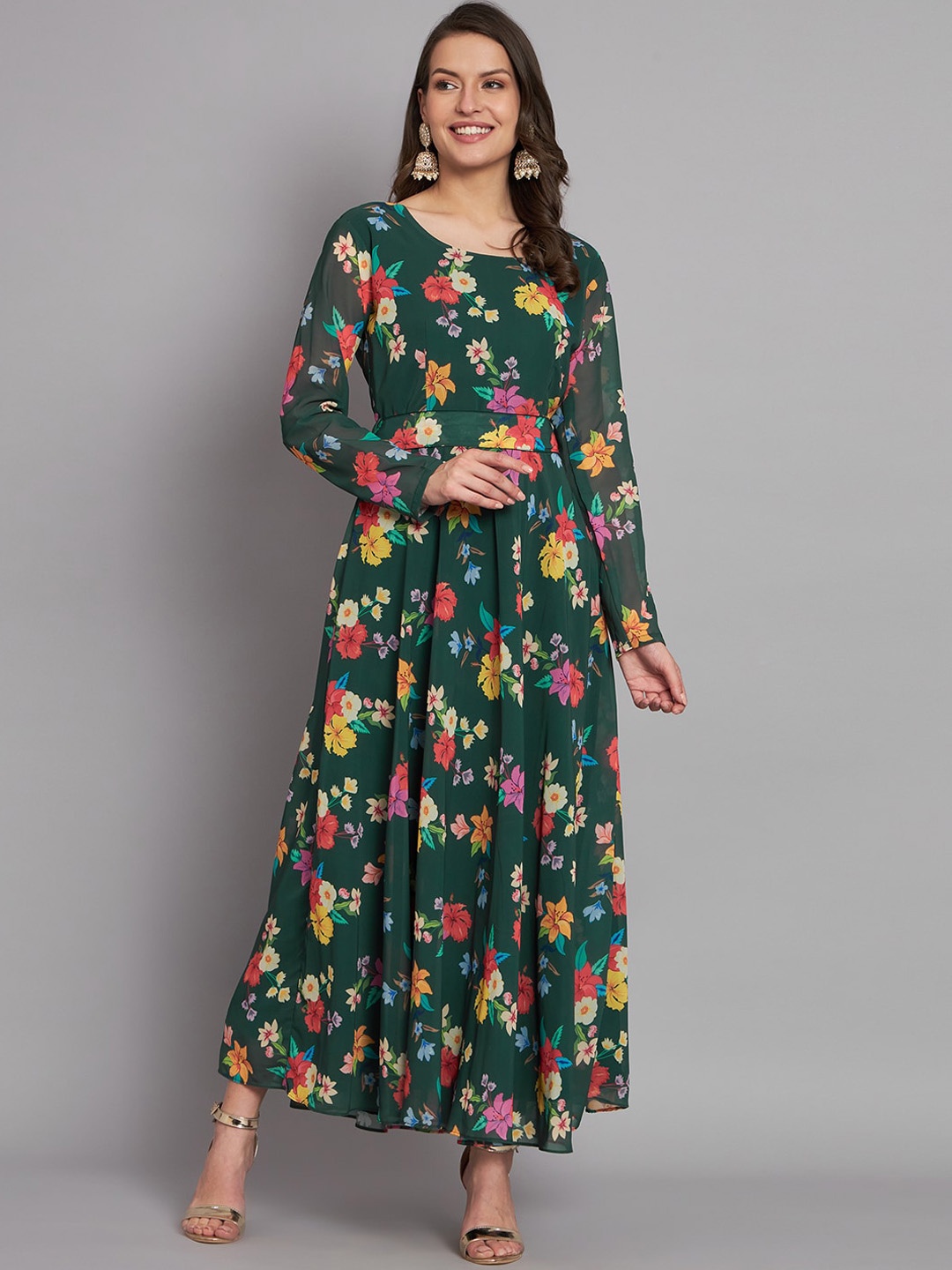 

BLACK SCISSOR Floral Printed Maxi Gown With Belt, Green