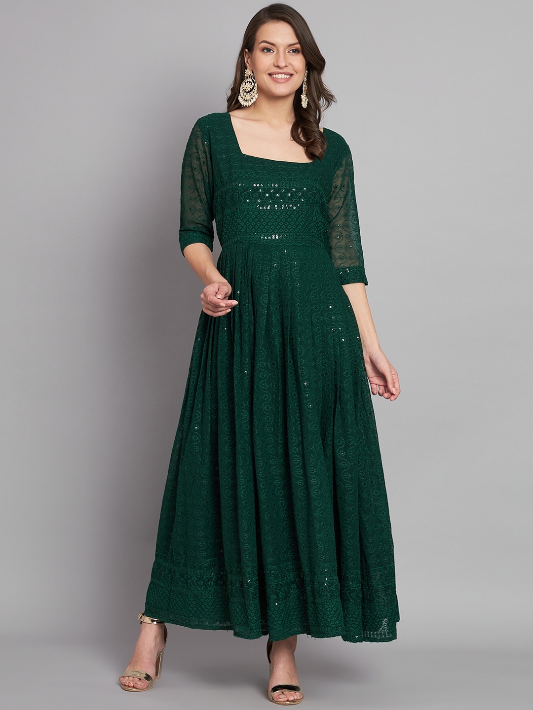 

BLACK SCISSOR Sequinned Embroidered Fit & Flared Georgette Maxi Ethnic Motifs Dress, Green
