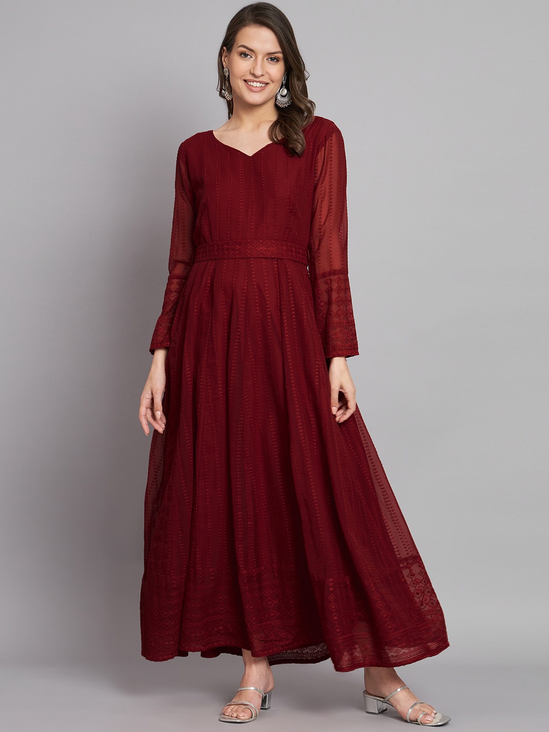 

BLACK SCISSOR Ethnic Motifs Embroidered Fit & Flare Maxi Ethnic Dress, Red