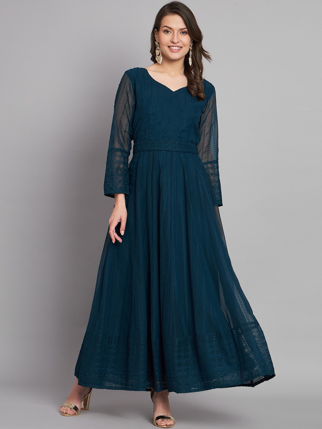 

BLACK SCISSOR Ethnic Motifs Embroidered Sweetheart Neck Georgette Maxi Ethnic Dress, Teal