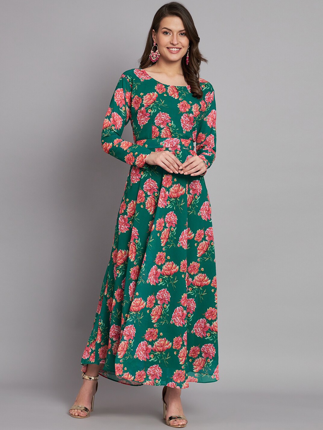 

BLACK SCISSOR Floral Printed Georgette Maxi Ethnic Dress & Belt, Green