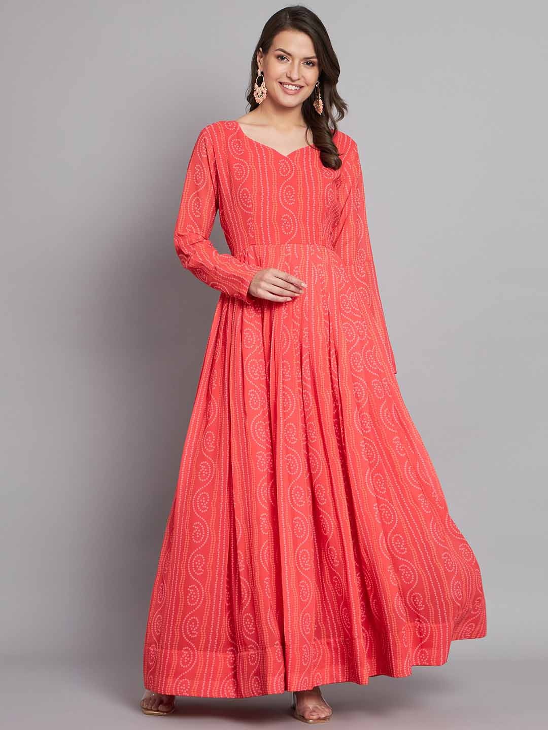 

BLACK SCISSOR Bandhani Printed Maxi Gown Ethnic Dress, Peach