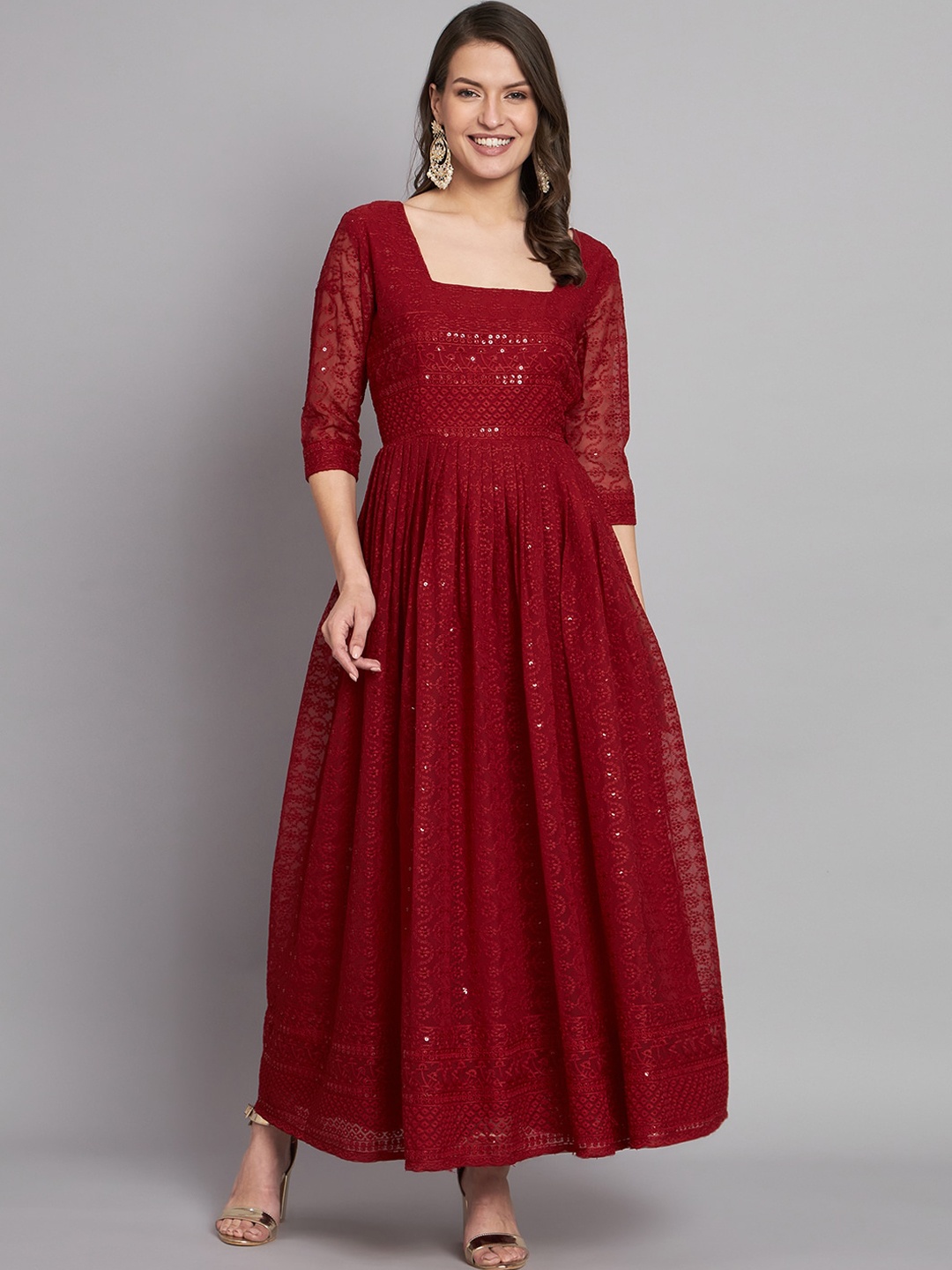 

BLACK SCISSOR Ethnic Motifs Embroidered Sequinned Georgette Maxi Gown, Red