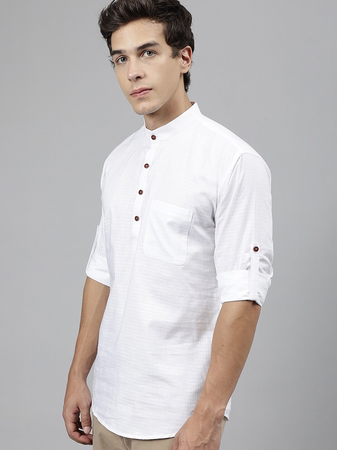 

Hancock Checked Band Collar Roll Up Sleeves Pure Cotton Short Kurta, White
