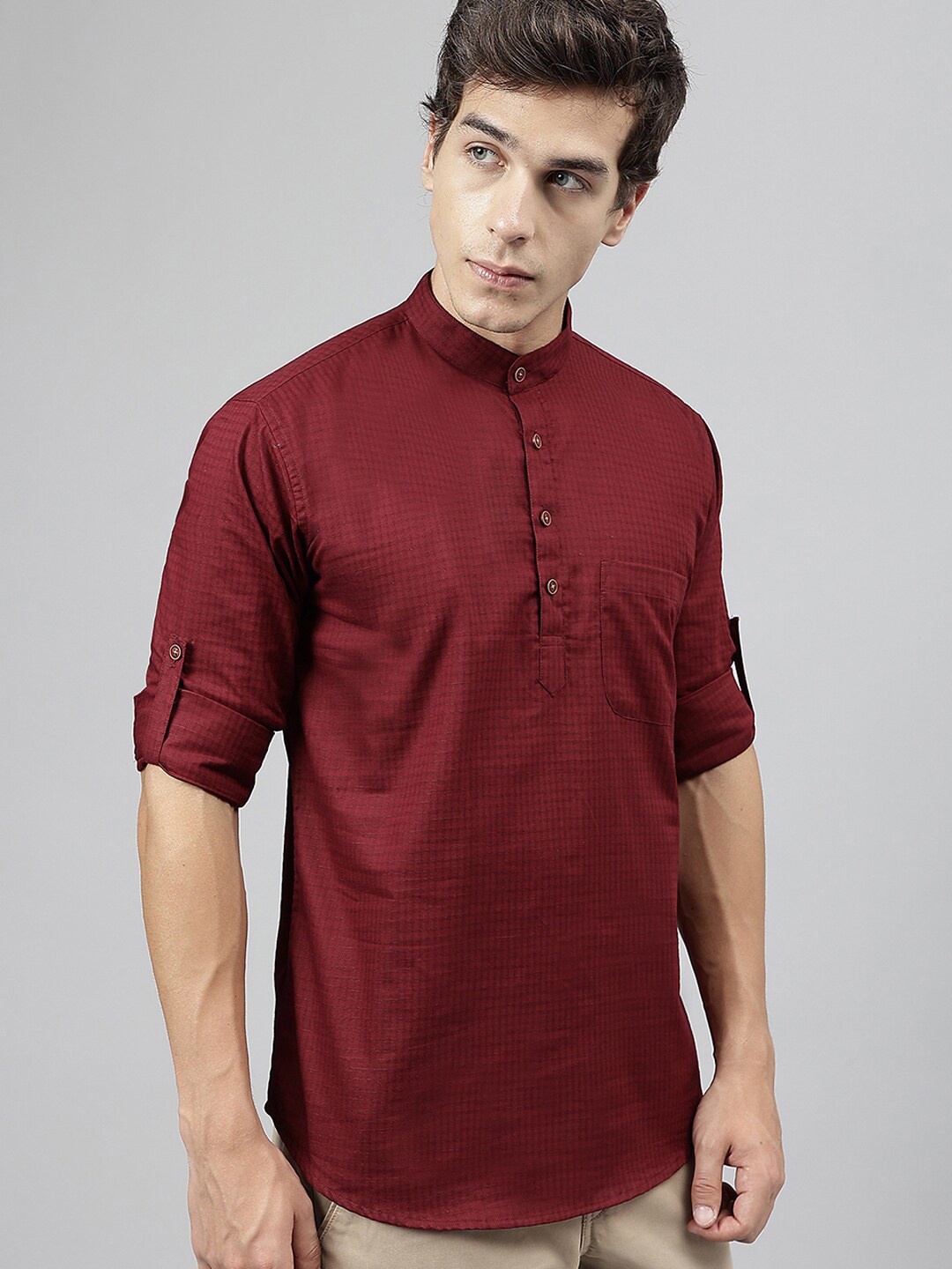 

Hancock Self Design Band Collar Roll Up Sleeves Pure Cotton Short Kurta, Burgundy