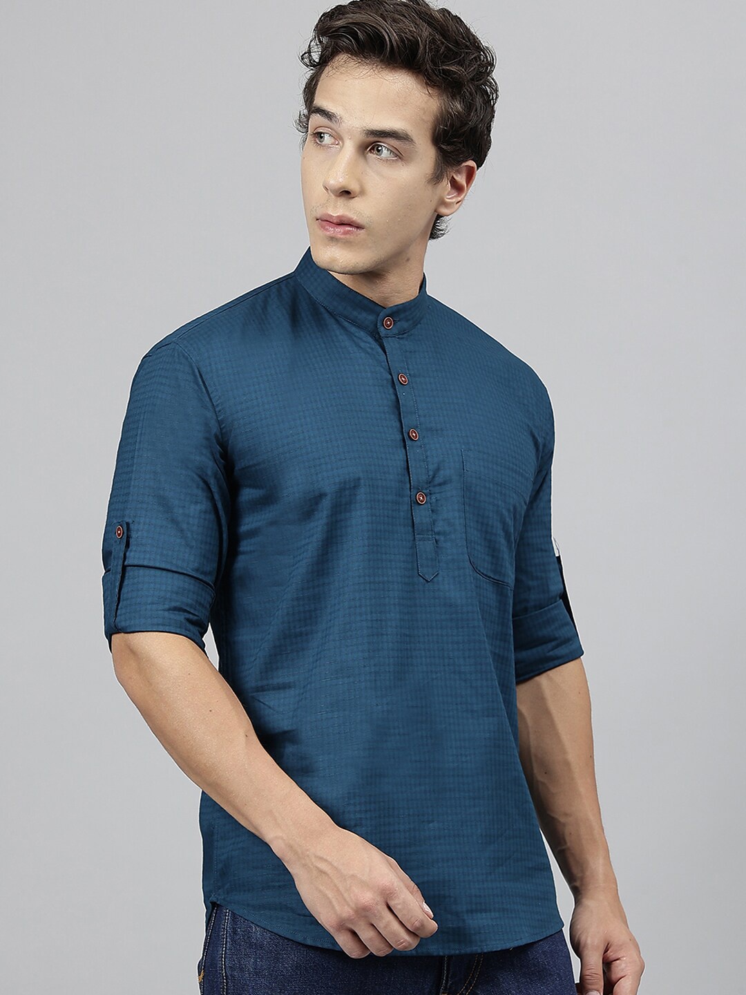 

Hancock Checked Band Collar Roll Up Sleeves Pure Cotton Short Kurta, Turquoise blue