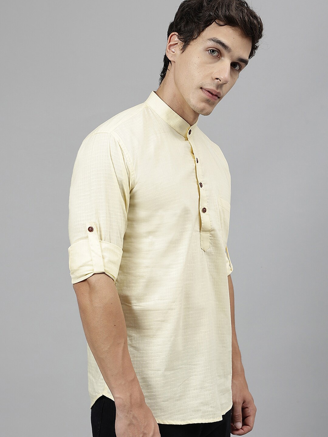 

Hancock Self Design Band Collar Roll Up Sleeves Pure Cotton Short Kurta, Yellow
