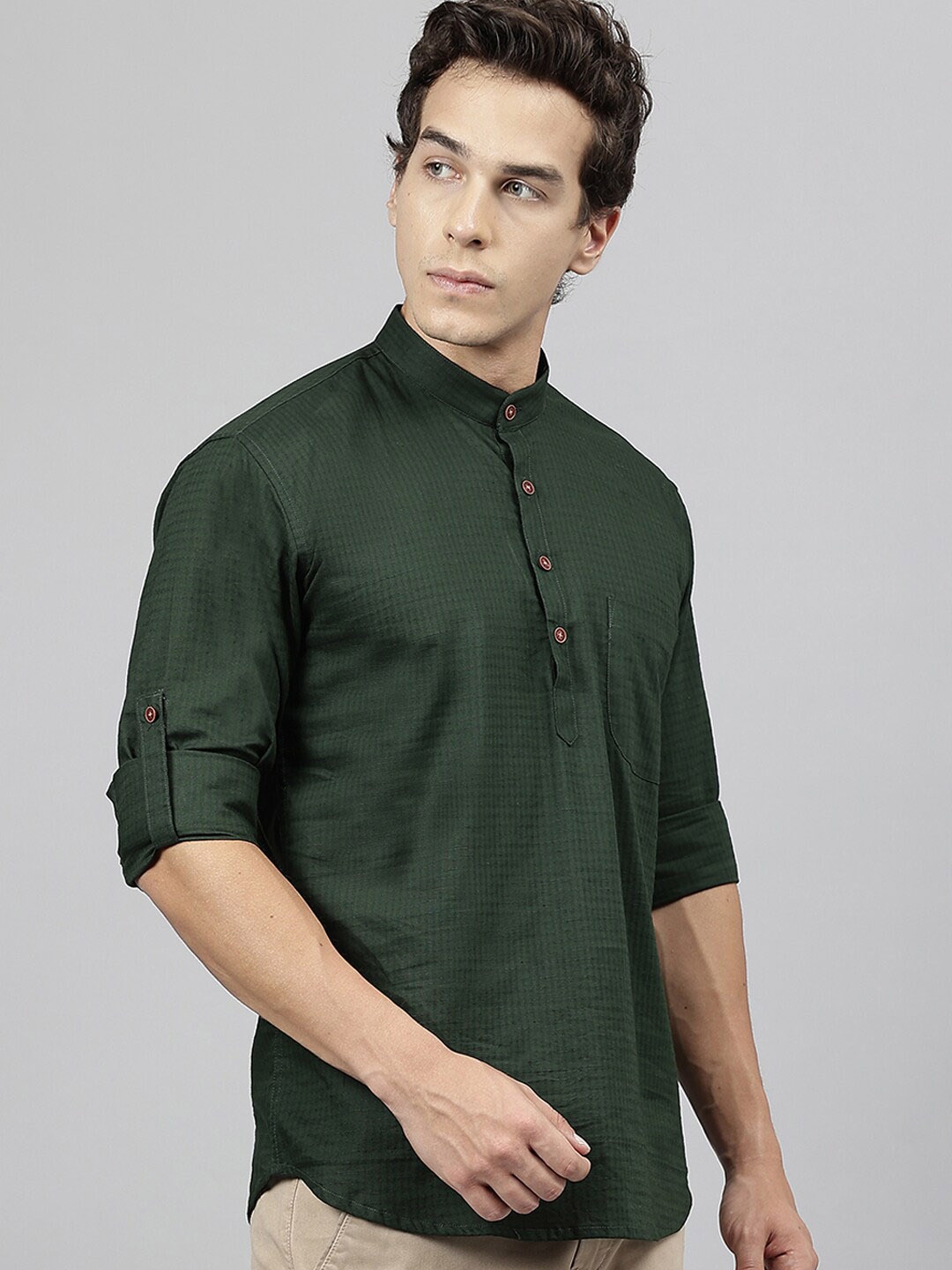 

Hancock Self Design Band Collar Roll Up Sleeves Pure Cotton Short Kurta, Green