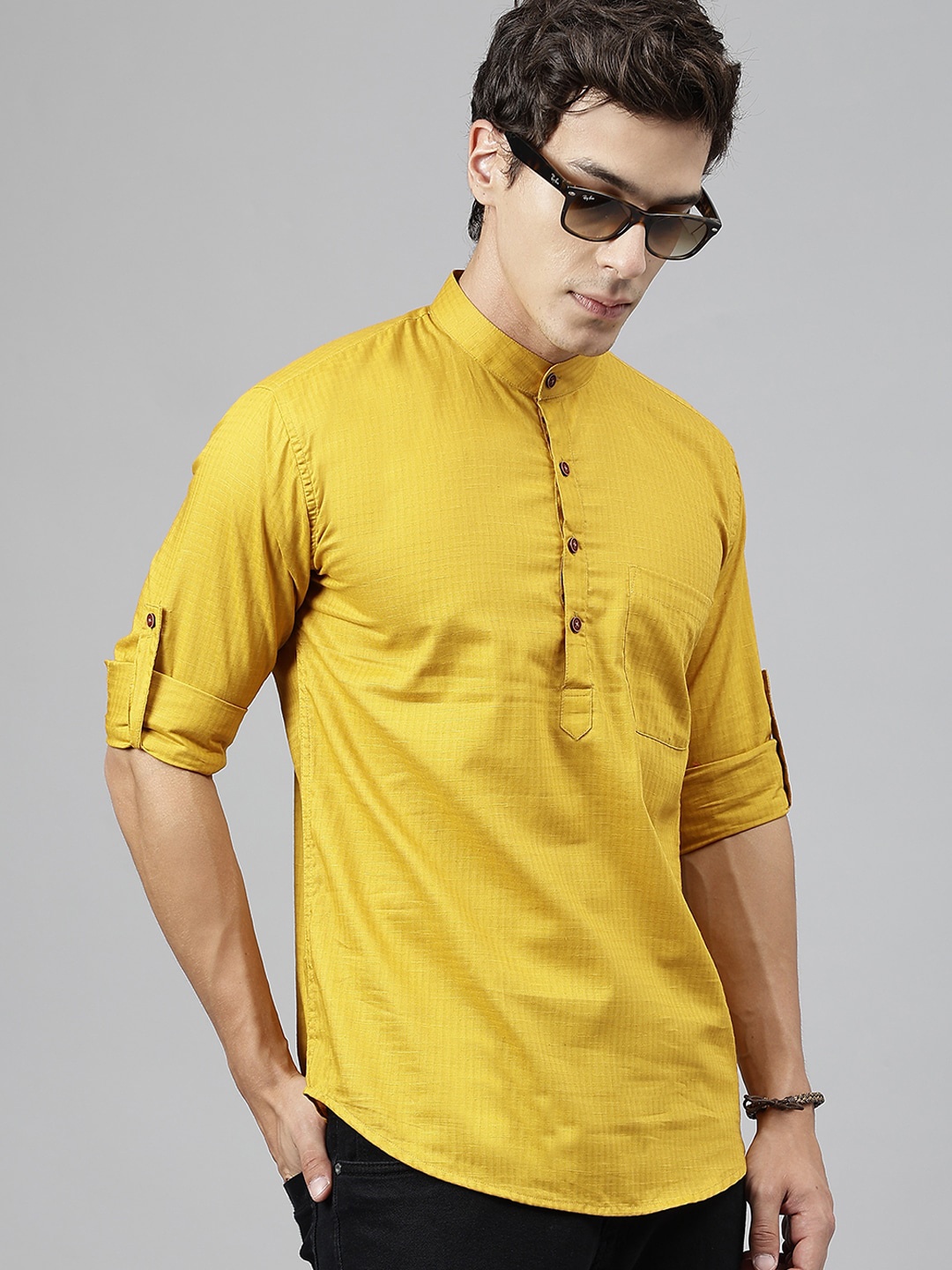 

Hancock Checked Band Collar Roll Up Sleeves Pure Cotton Short Kurta, Mustard