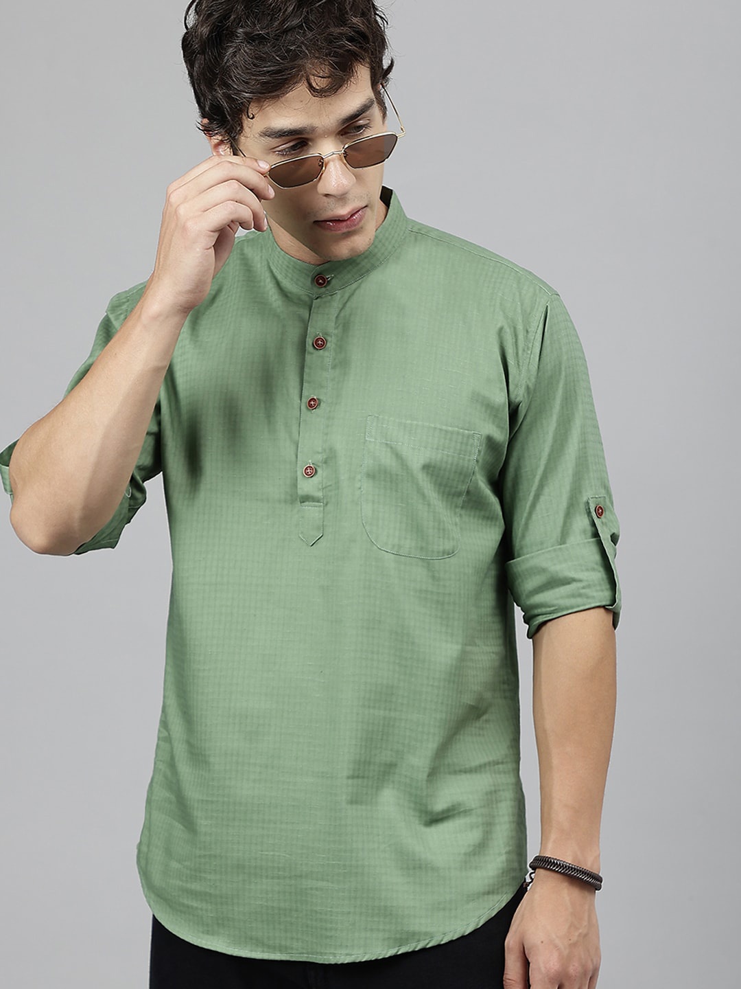 

Hancock Self Design Band Collar Roll Up Sleeves Pure Cotton Short Kurta, Green