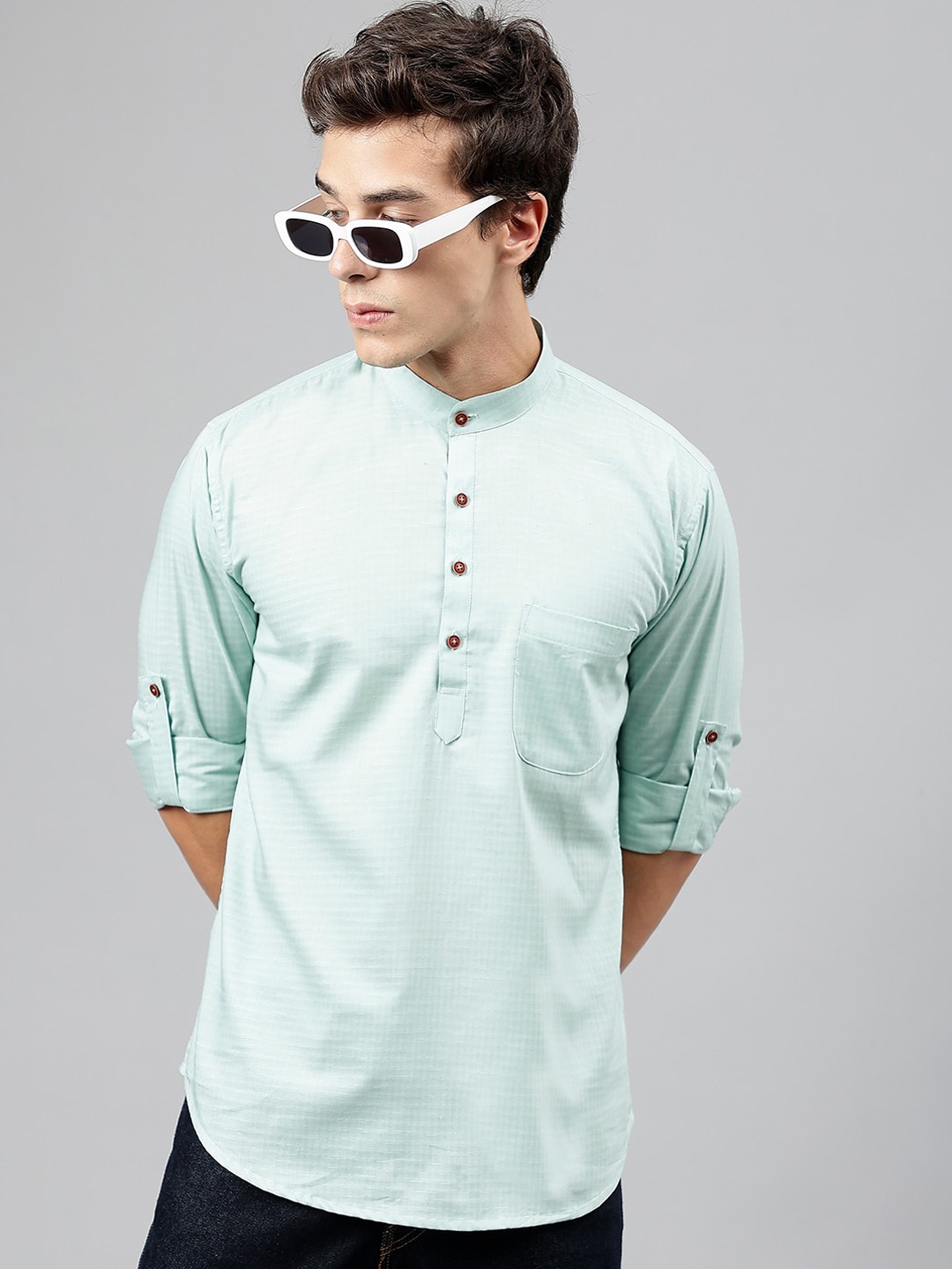 

Hancock Self Design Band Collar Roll Up Sleeves Pure Cotton Short Kurta, Sea green