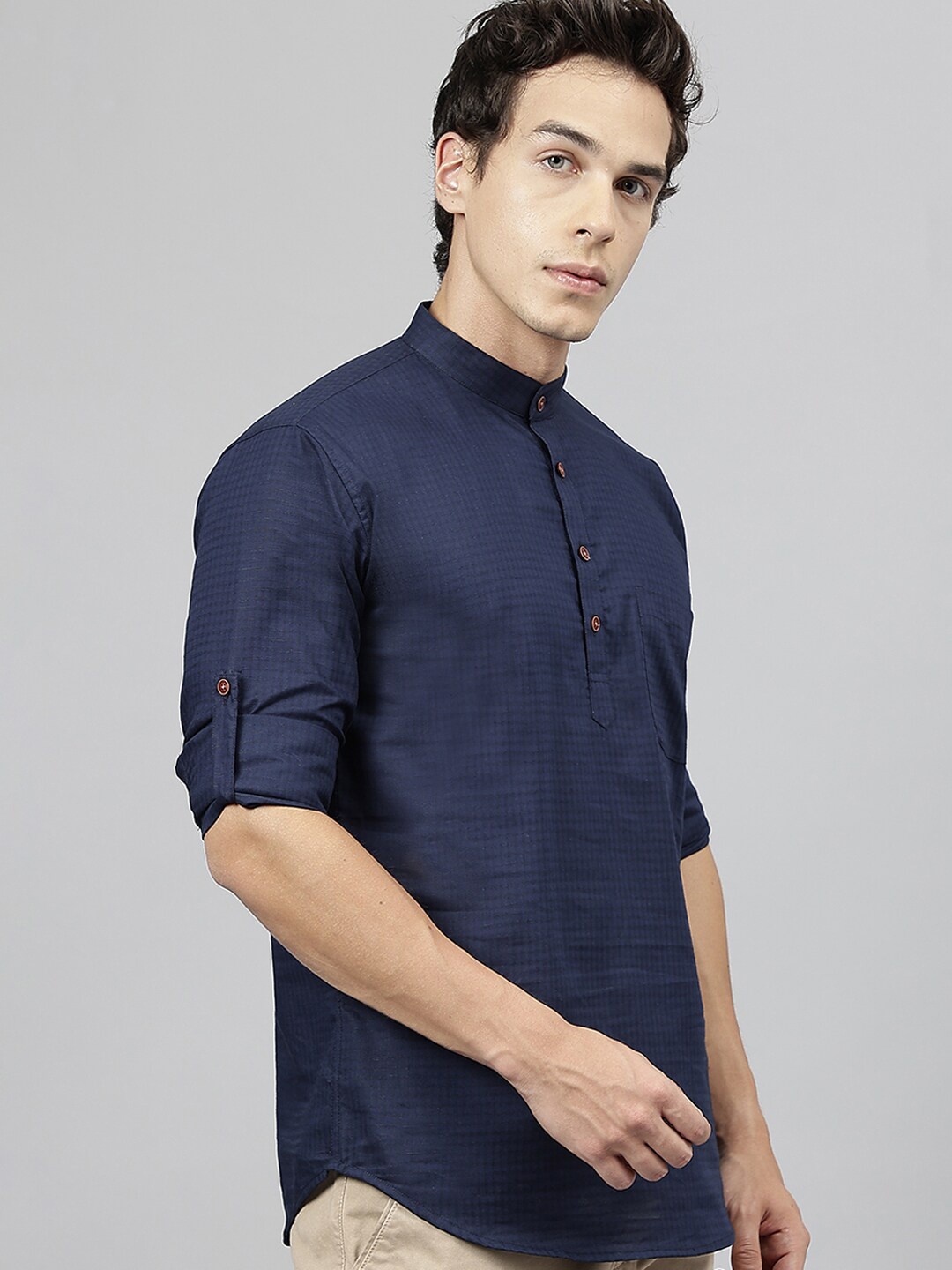 

Hancock Self Design Band Collar Roll Up Sleeves Pure Cotton Short Kurta, Navy blue