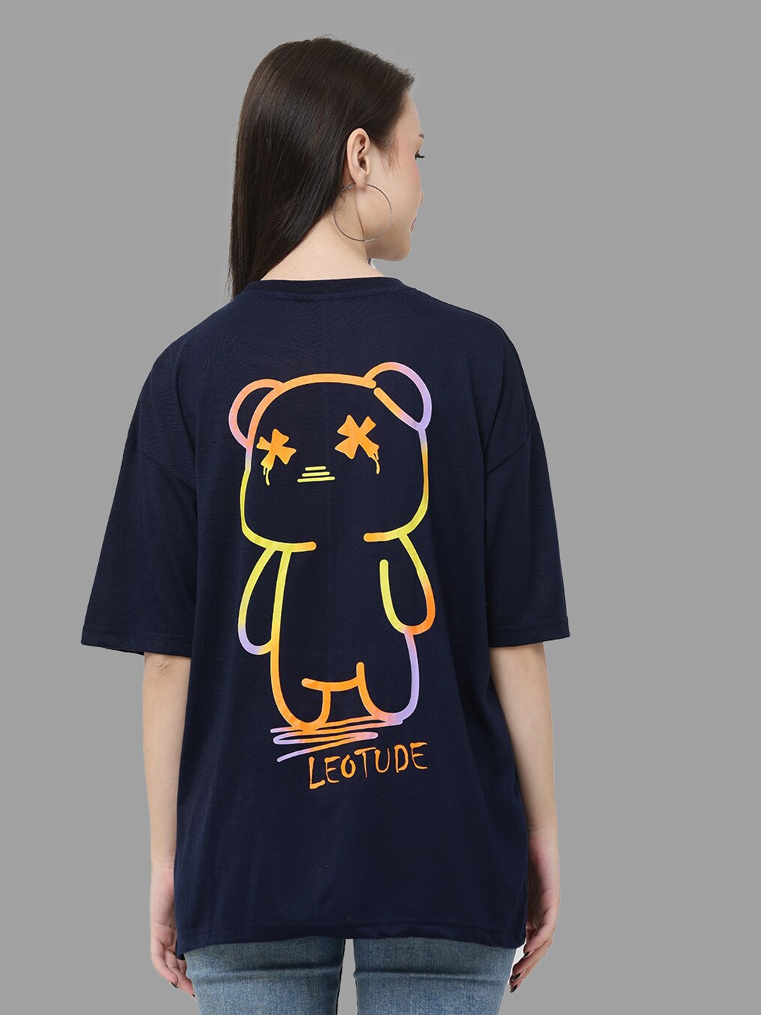 

Leotude Graphic Printed Drop-Shoulder Sleeves Oversized T-shirt, Navy blue