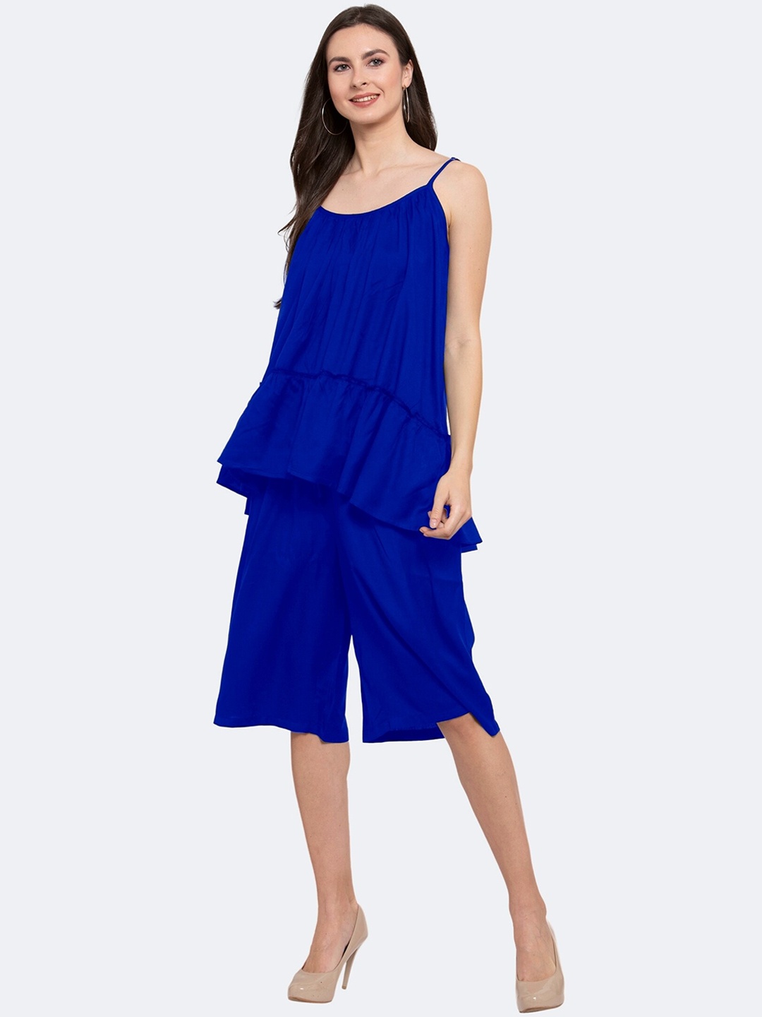 

PATRORNA Shoulder Strapped Longline Top With Cropped Capris, Blue