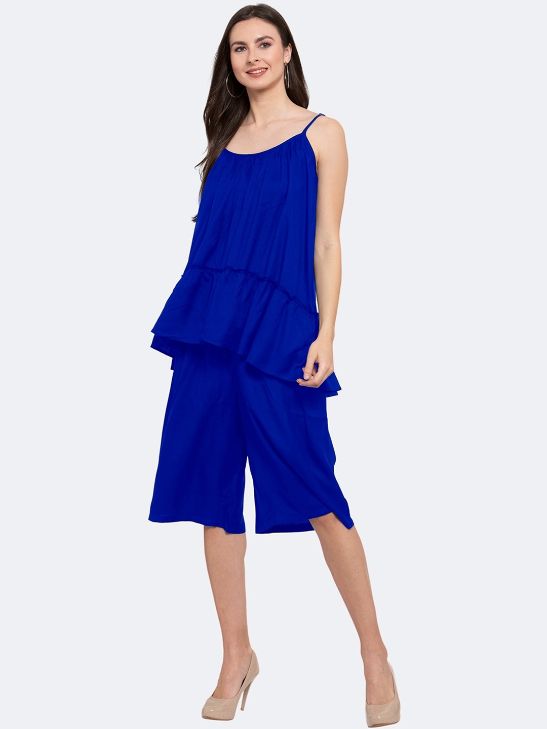 

PATRORNA Shoulder Strapped Longline Top With Cropped Capris, Blue