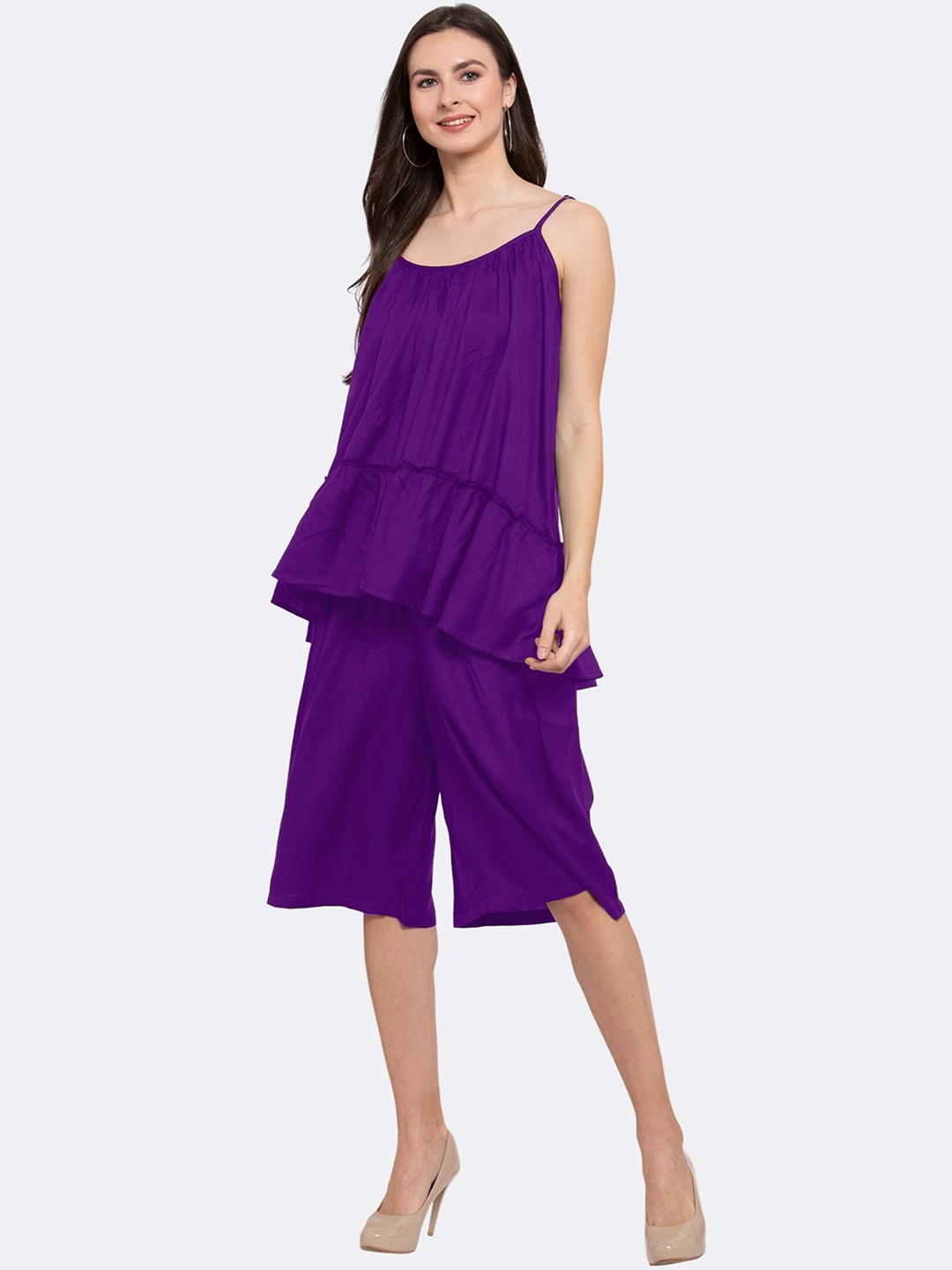

PATRORNA Shoulder Strapped Longline Top With Cropped Capris, Purple